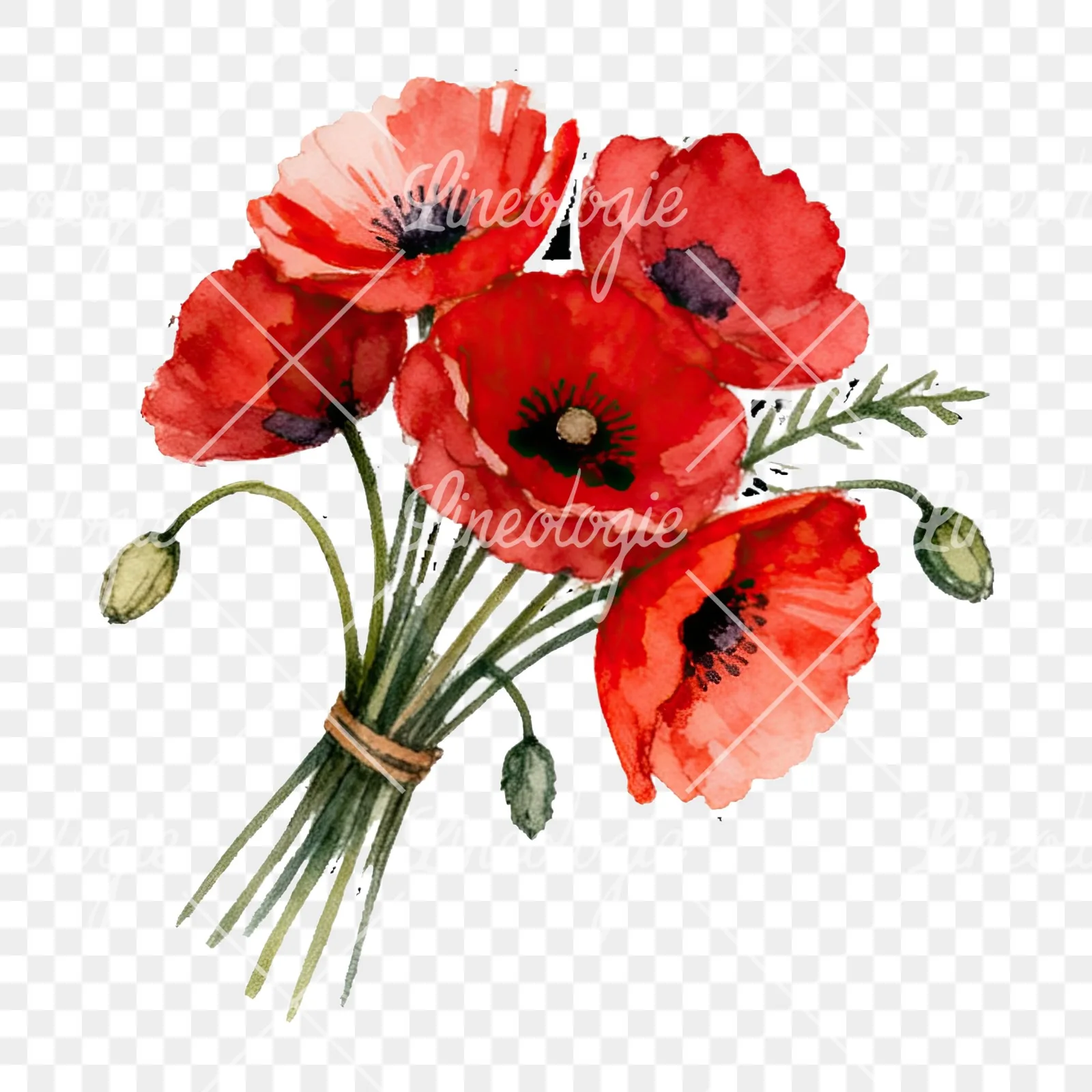 Watercolor poppy bouquet with open blooms clipart 7 of 8 on a transparent background (PNG)