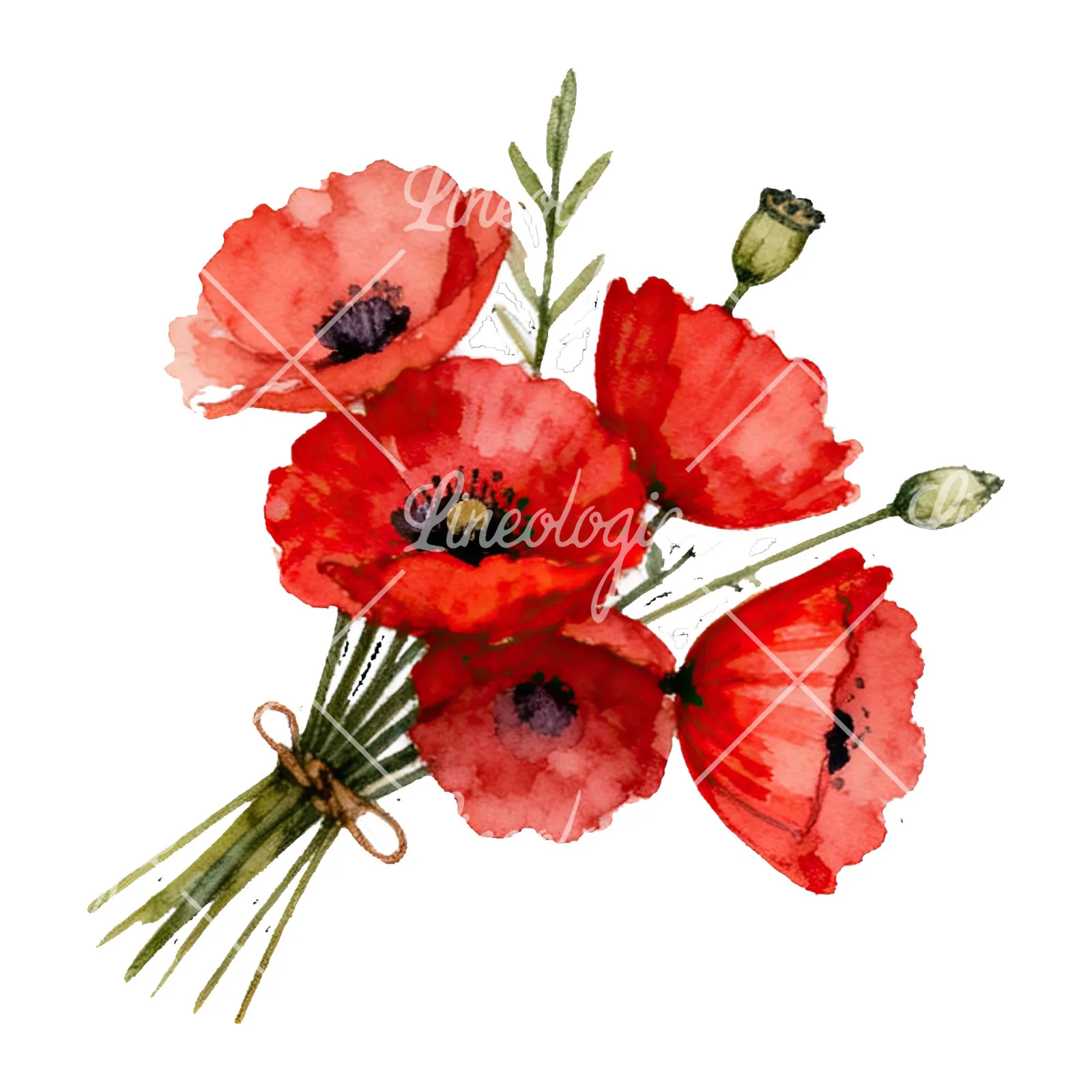 Watercolor poppy bouquet with open blooms clipart 8 of 8 on a white background (JPG)