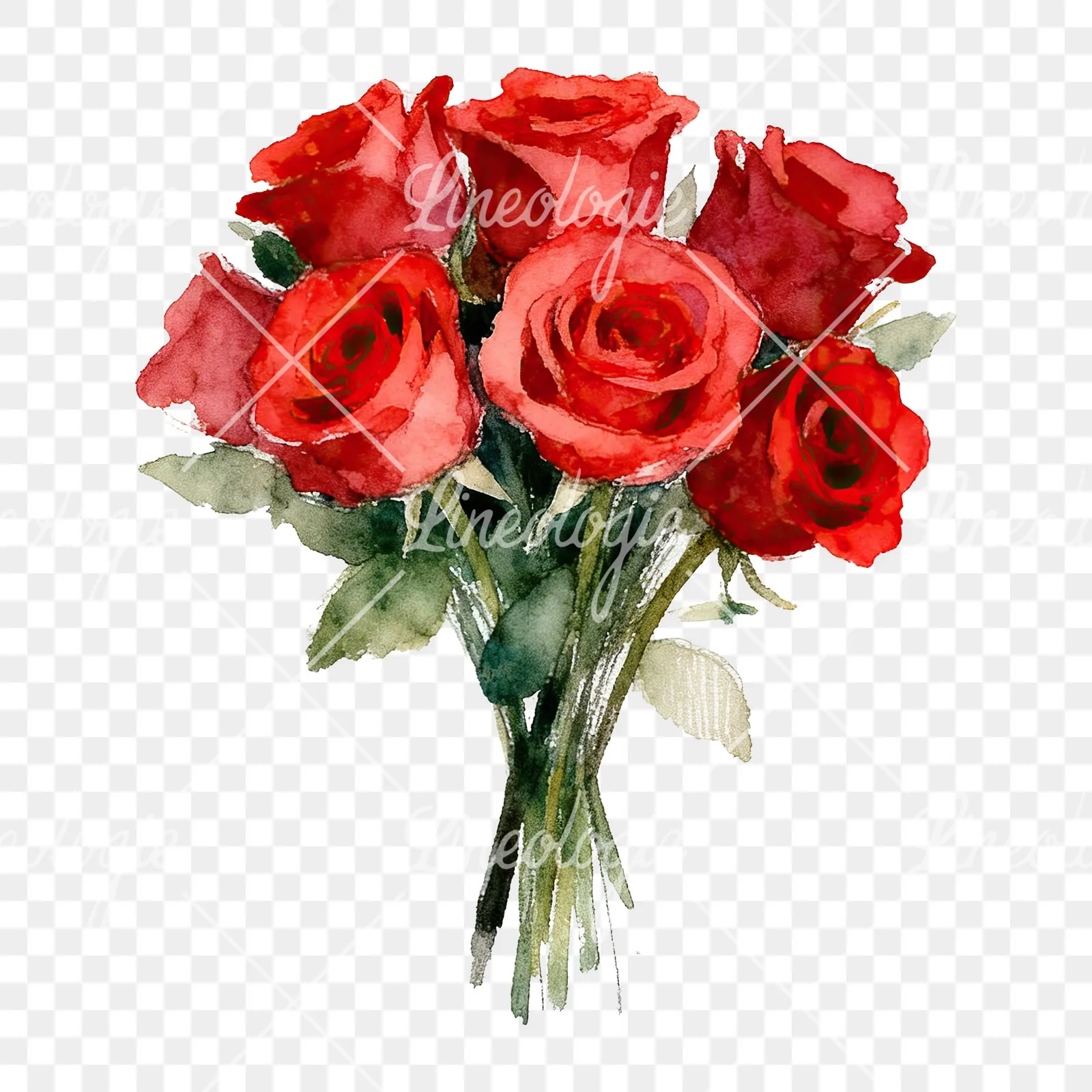 Watercolor classic red rose bouquet clipart 1 of 8 on a transparent background (PNG)