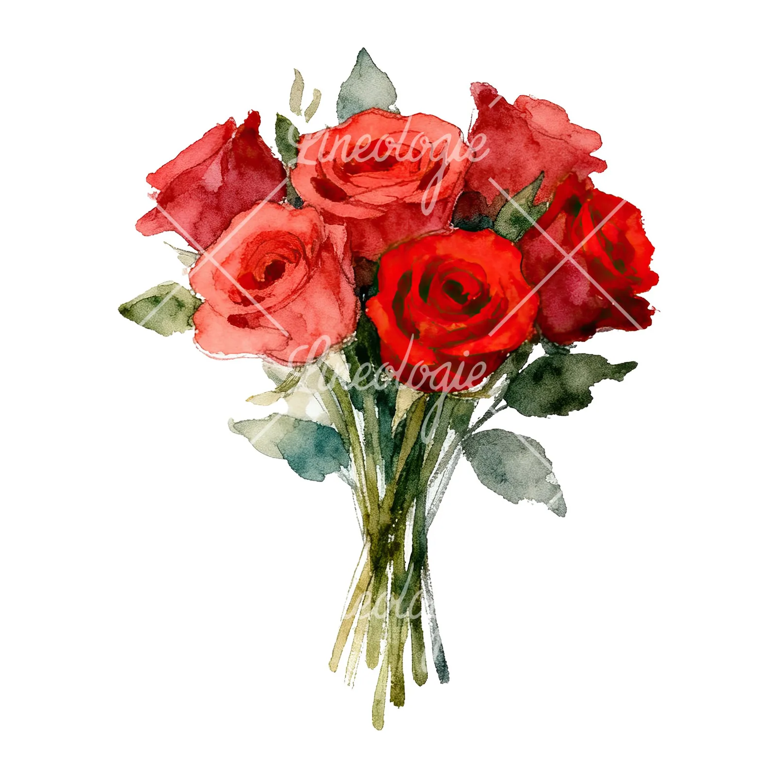 Watercolor classic red rose bouquet clipart 2 of 8 on a white background (JPG)