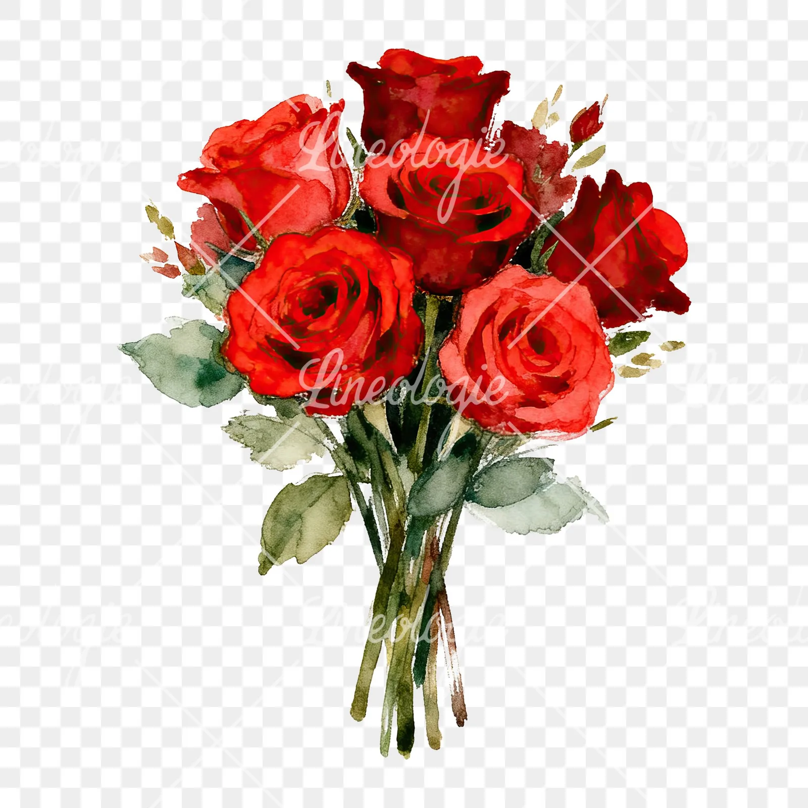 Watercolor classic red rose bouquet clipart 3 of 8 on a transparent background (PNG)