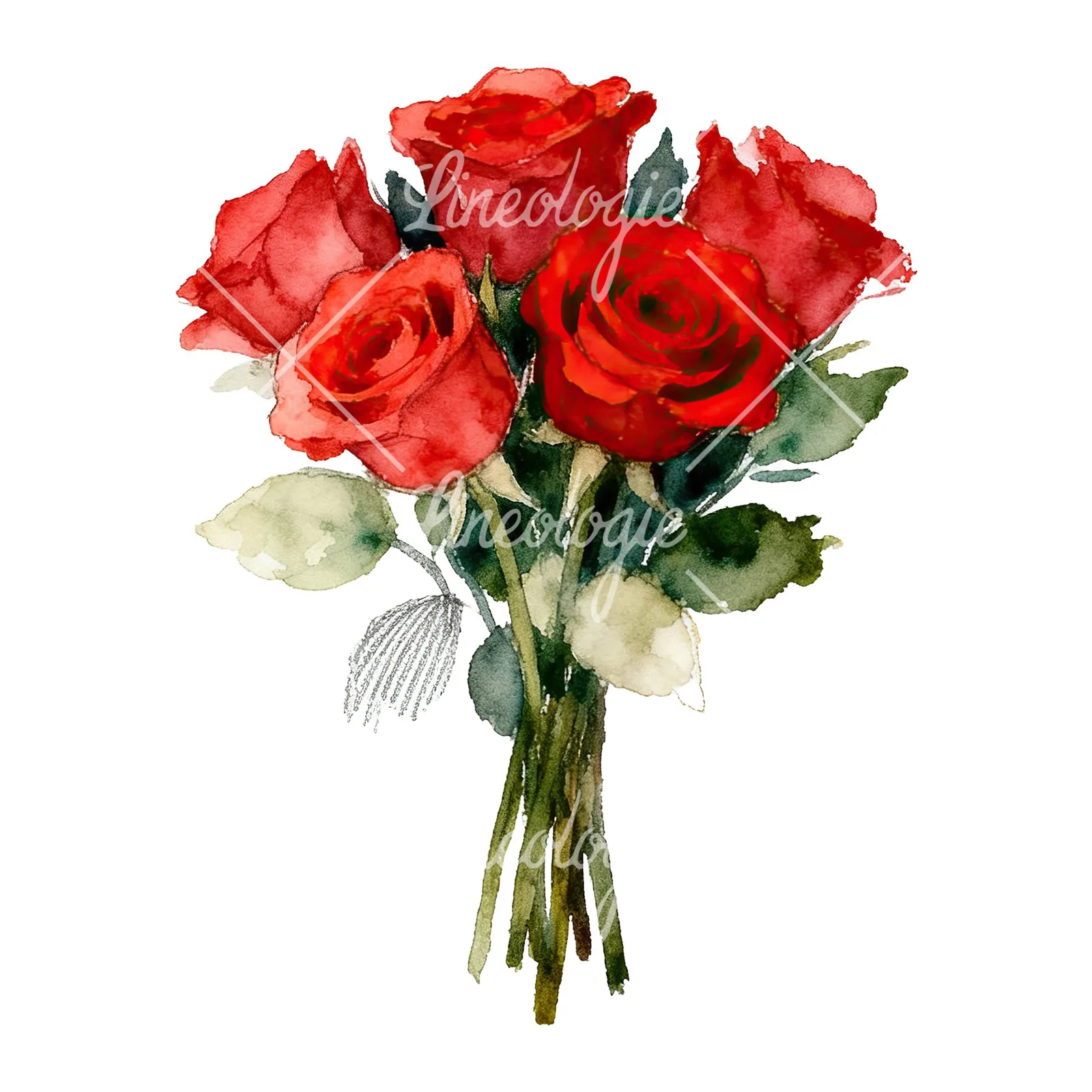 Watercolor classic red rose bouquet clipart 5 of 8 on a white background (JPG)