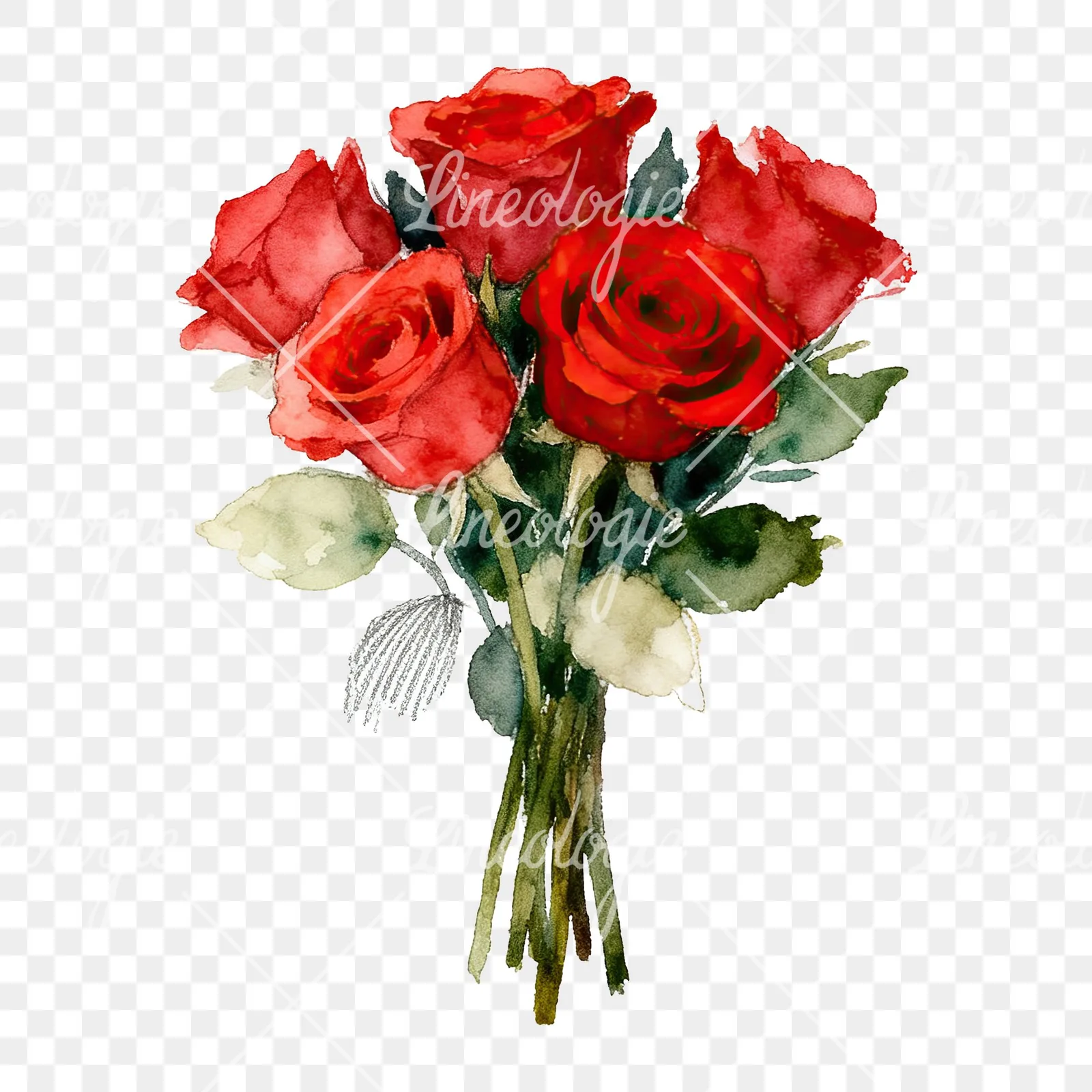 Watercolor classic red rose bouquet clipart 5 of 8 on a transparent background (PNG)