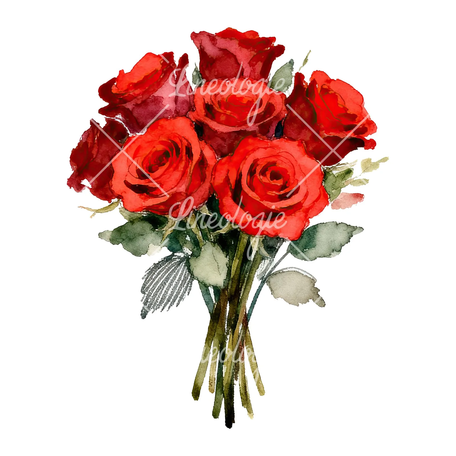 Watercolor classic red rose bouquet clipart 7 of 8 on a white background (JPG)