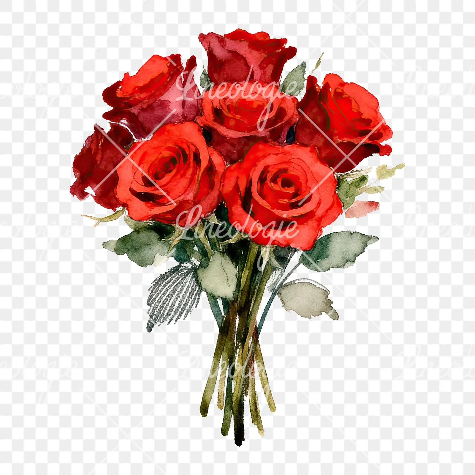 Watercolor classic red rose bouquet clipart 7 of 8 on a transparent background (PNG)