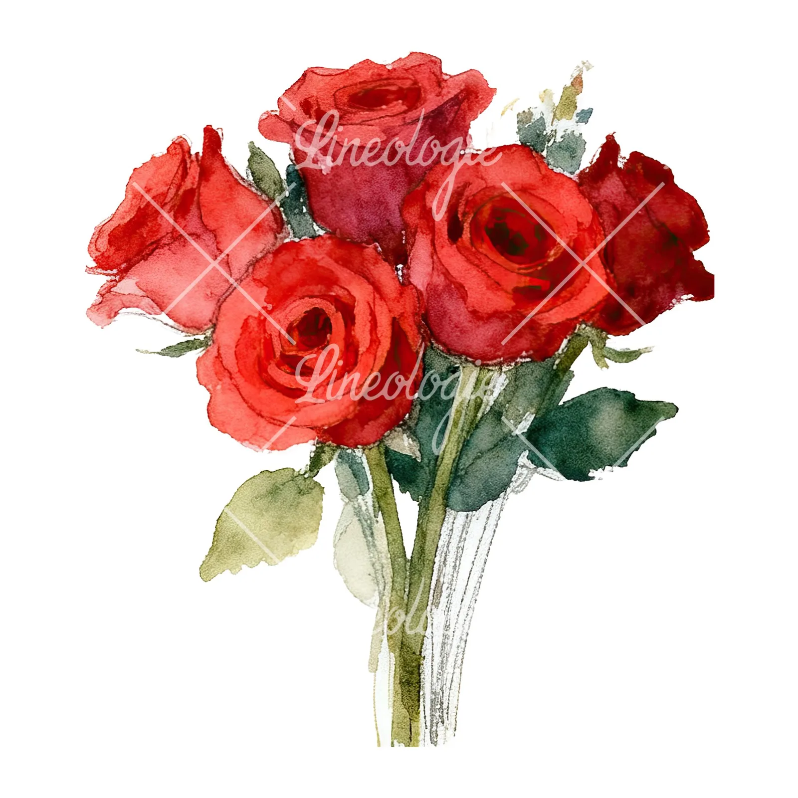 Watercolor classic red rose bouquet clipart 8 of 8 on a white background (JPG)