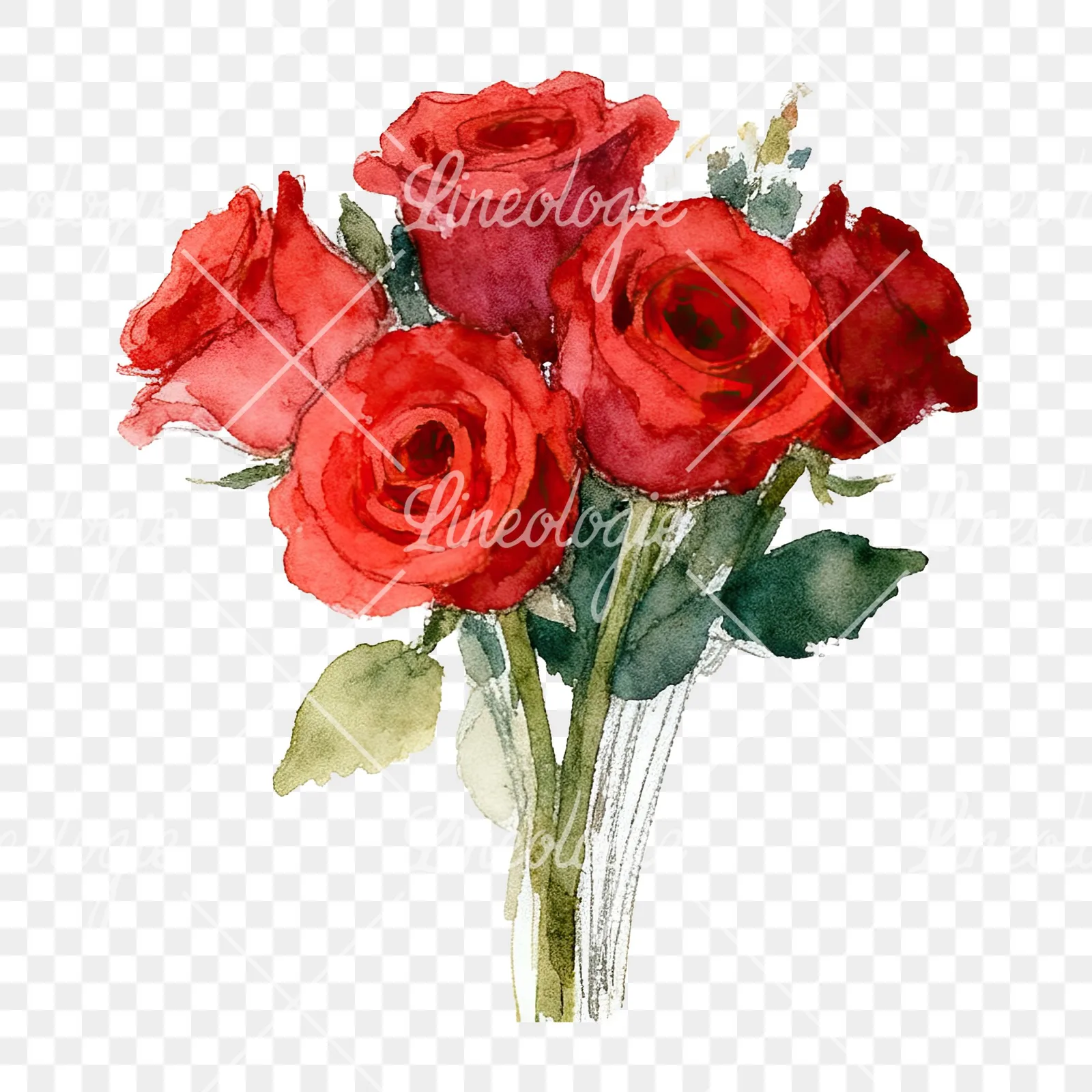 Watercolor classic red rose bouquet clipart 8 of 8 on a transparent background (PNG)