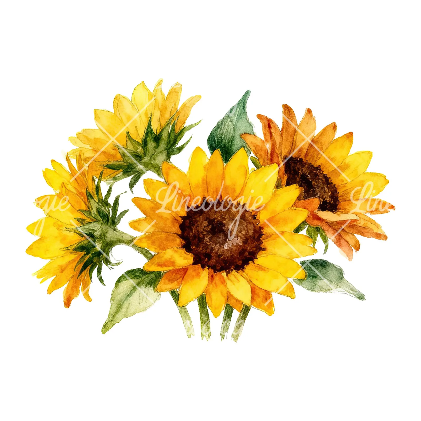 Watercolor sunflower bouquet clipart 1 of 8 on a white background (JPG)
