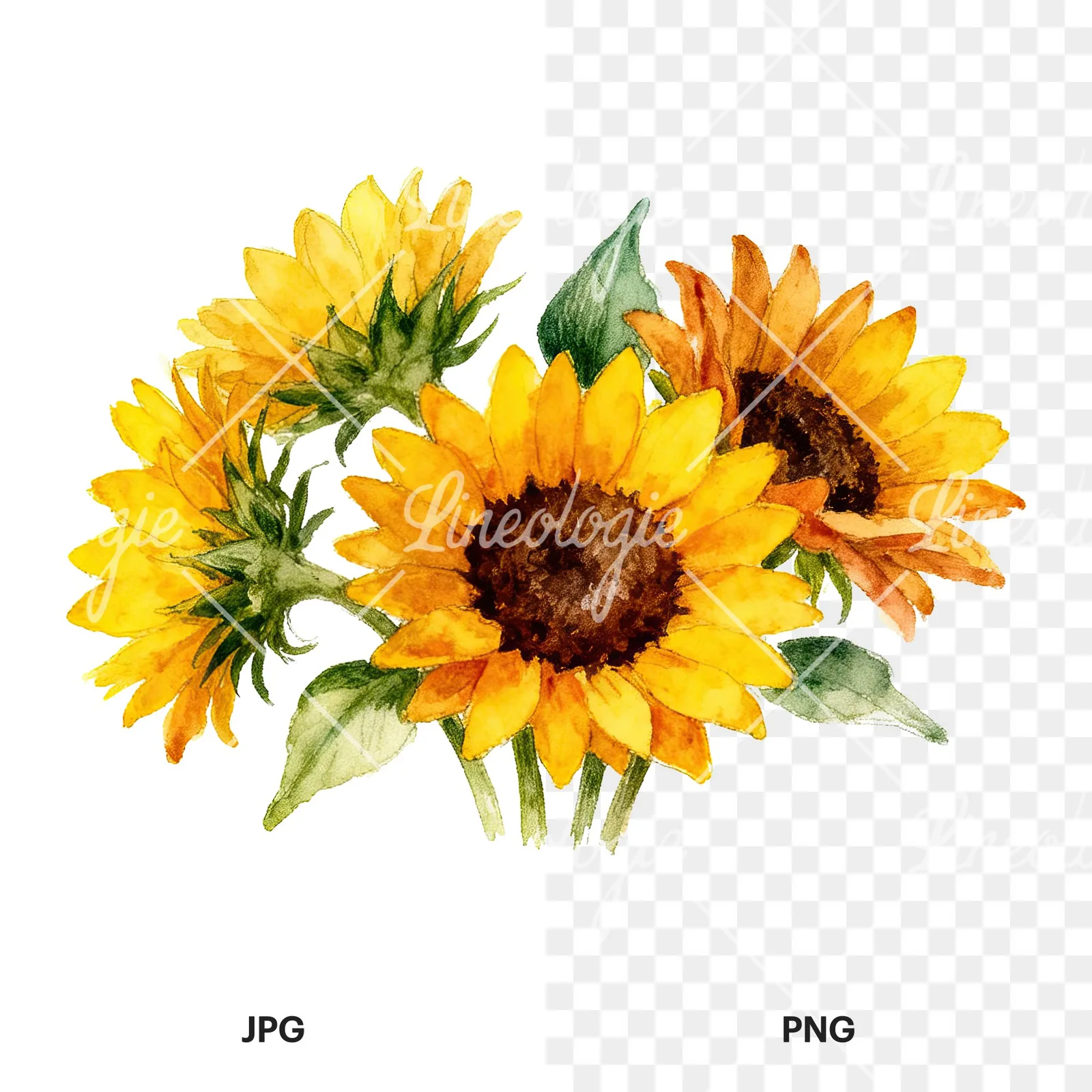 Watercolor sunflower bouquet clipart 1 of 8, as a JPG on white and a transparent PNG