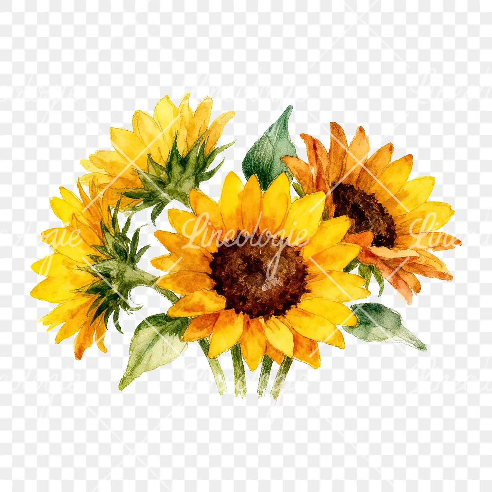 Watercolor sunflower bouquet clipart 1 of 8 on a transparent background (PNG)