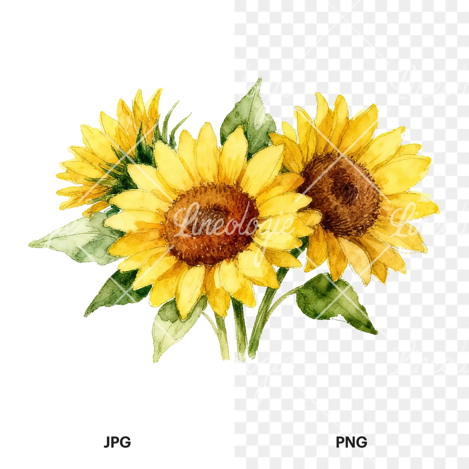 Watercolor sunflower bouquet clipart 2 of 8, as a JPG on white and a transparent PNG