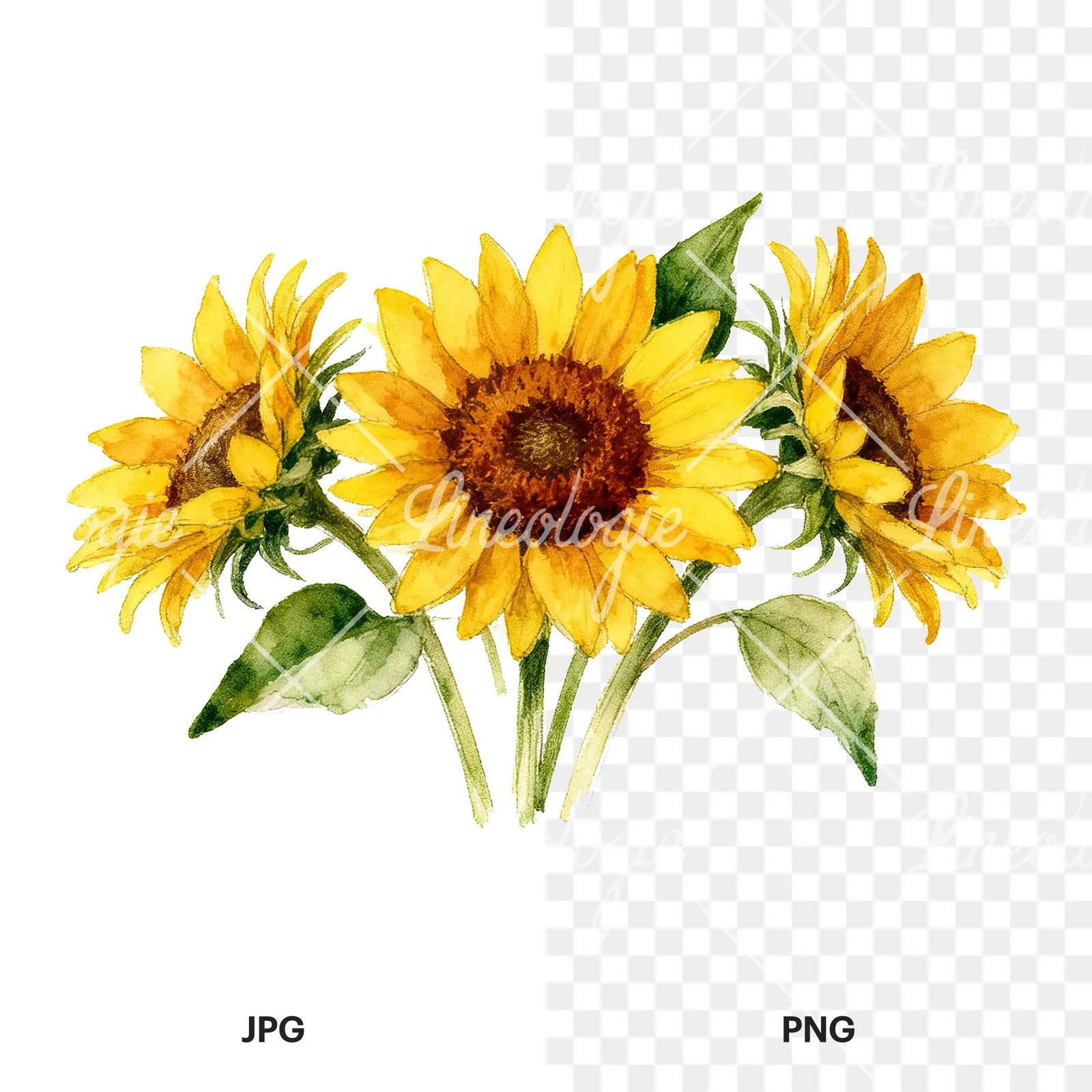 Watercolor sunflower bouquet clipart 4 of 8, as a JPG on white and a transparent PNG