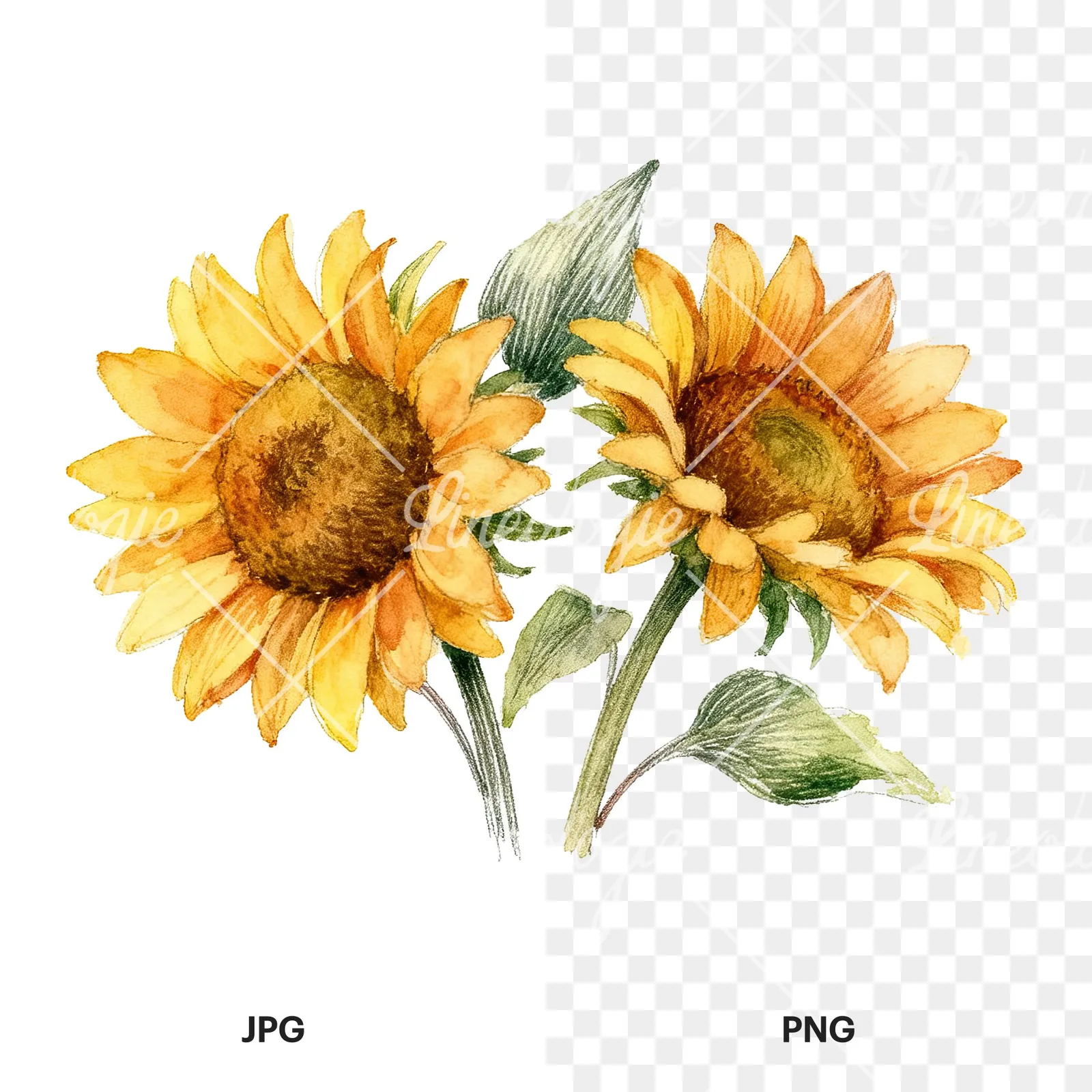Watercolor sunflower bouquet clipart 6 of 8, as a JPG on white and a transparent PNG