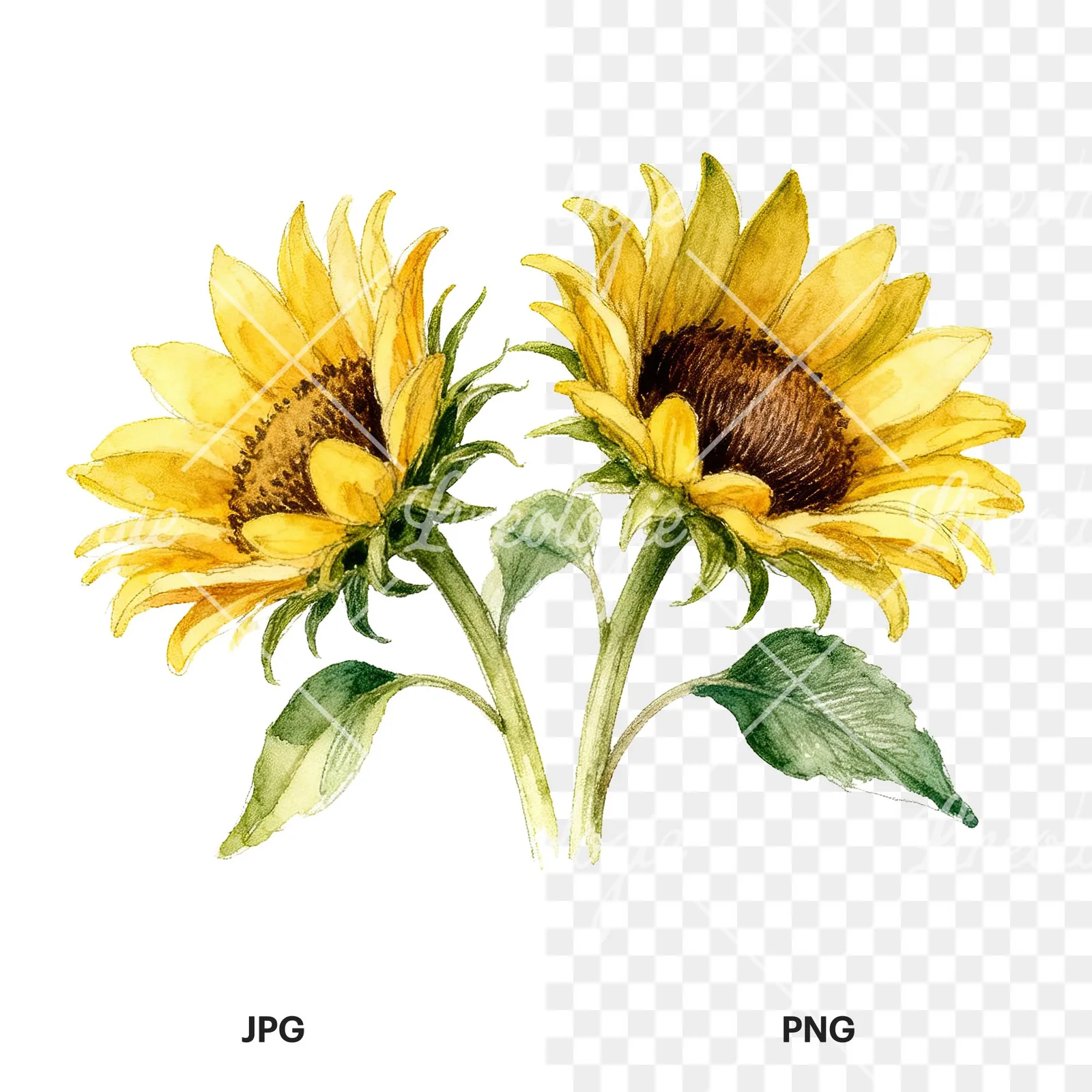 Watercolor sunflower bouquet clipart 7 of 8, as a JPG on white and a transparent PNG