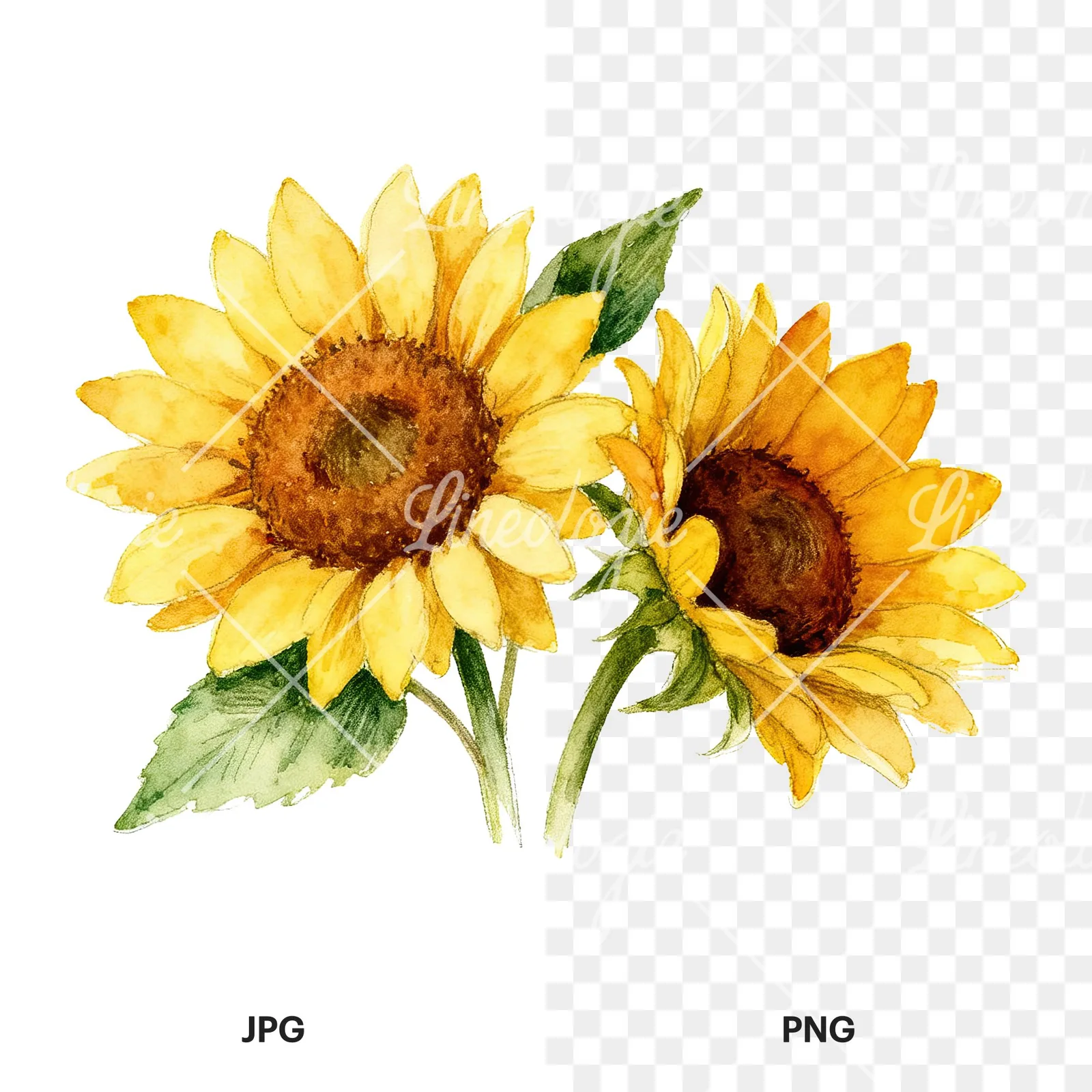 Watercolor sunflower bouquet clipart 8 of 8, as a JPG on white and a transparent PNG