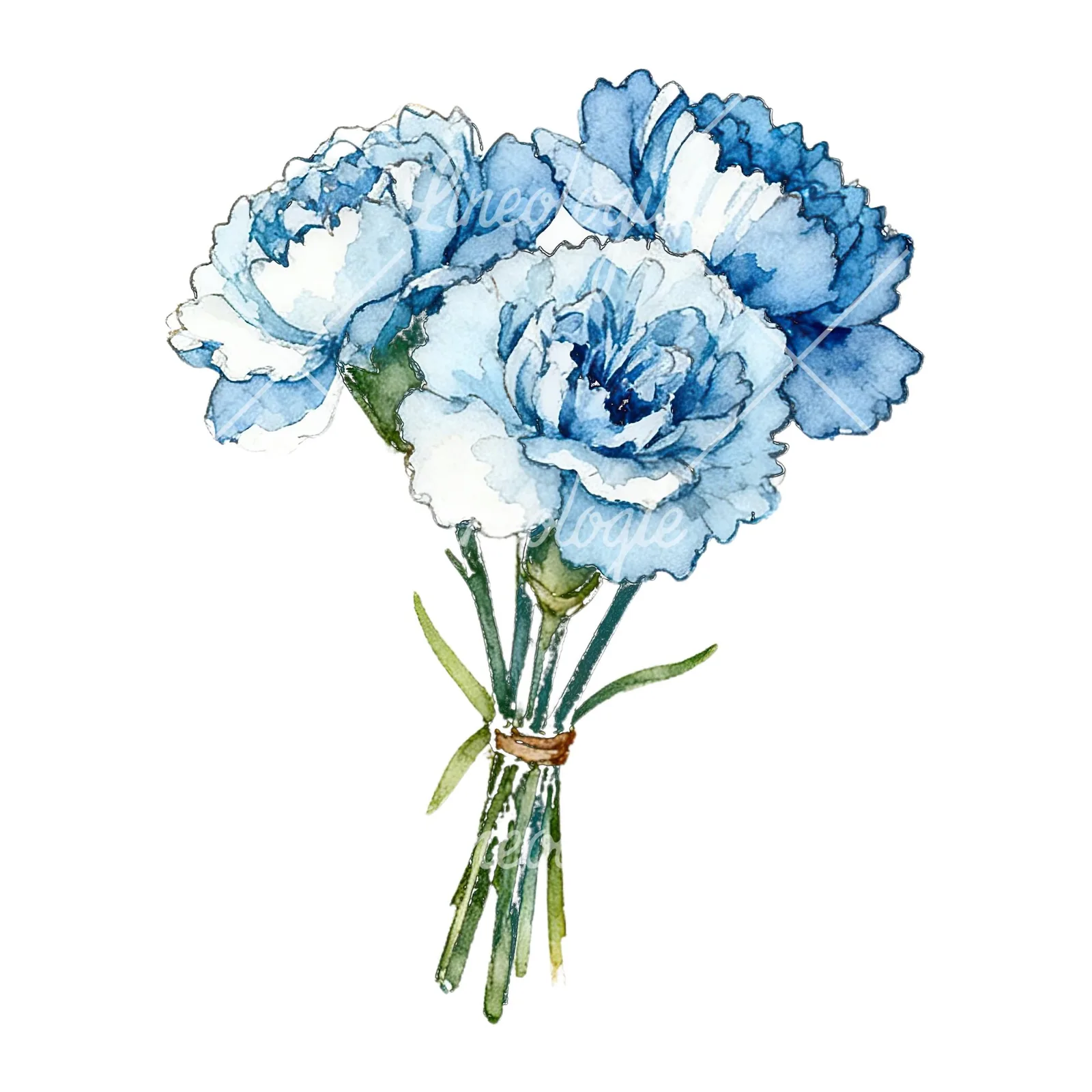Watercolor baby blue carnation bouquet clipart 1 of 9 on a white background (JPG)