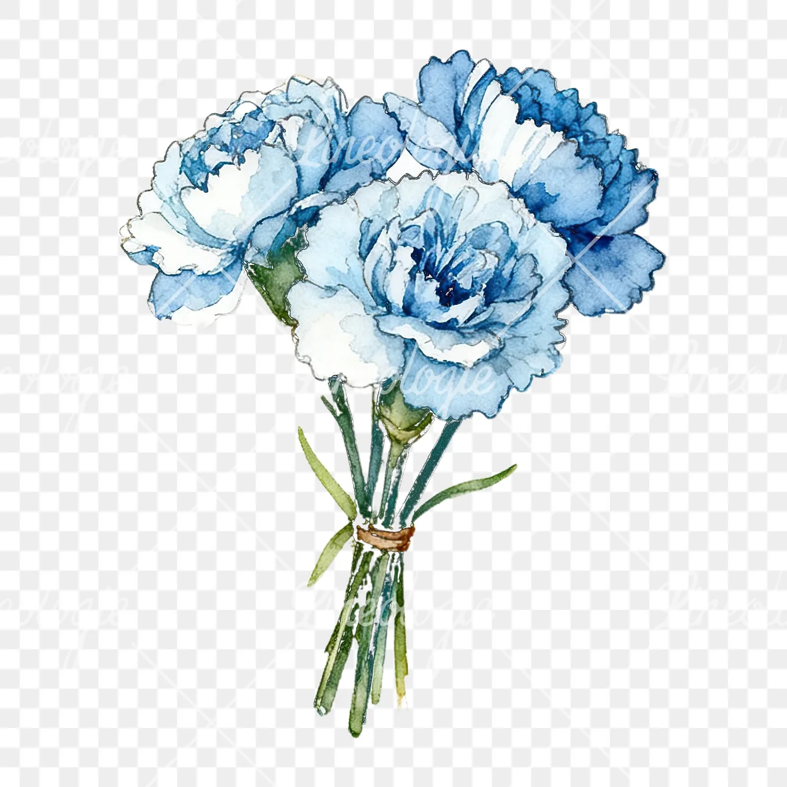 Watercolor baby blue carnation bouquet clipart 1 of 9 on a transparent background (PNG)