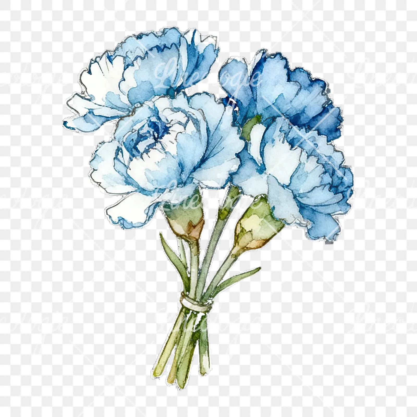 Watercolor baby blue carnation bouquet clipart 4 of 9 on a transparent background (PNG)