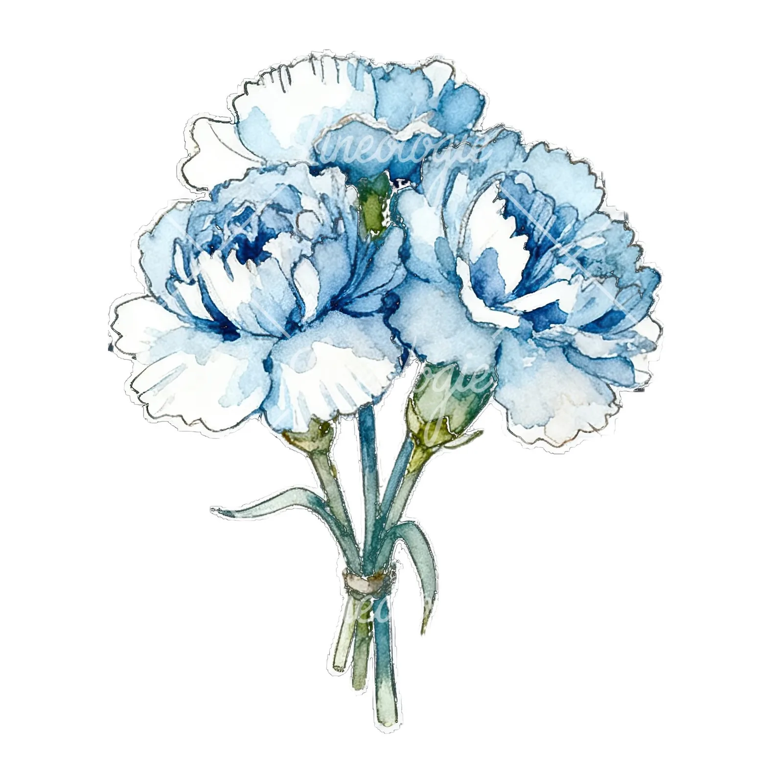 Watercolor baby blue carnation bouquet clipart 7 of 9 on a white background (JPG)