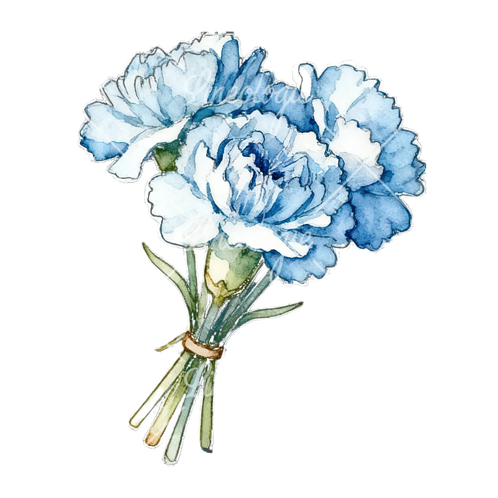 Watercolor baby blue carnation bouquet clipart 9 of 9 on a white background (JPG)