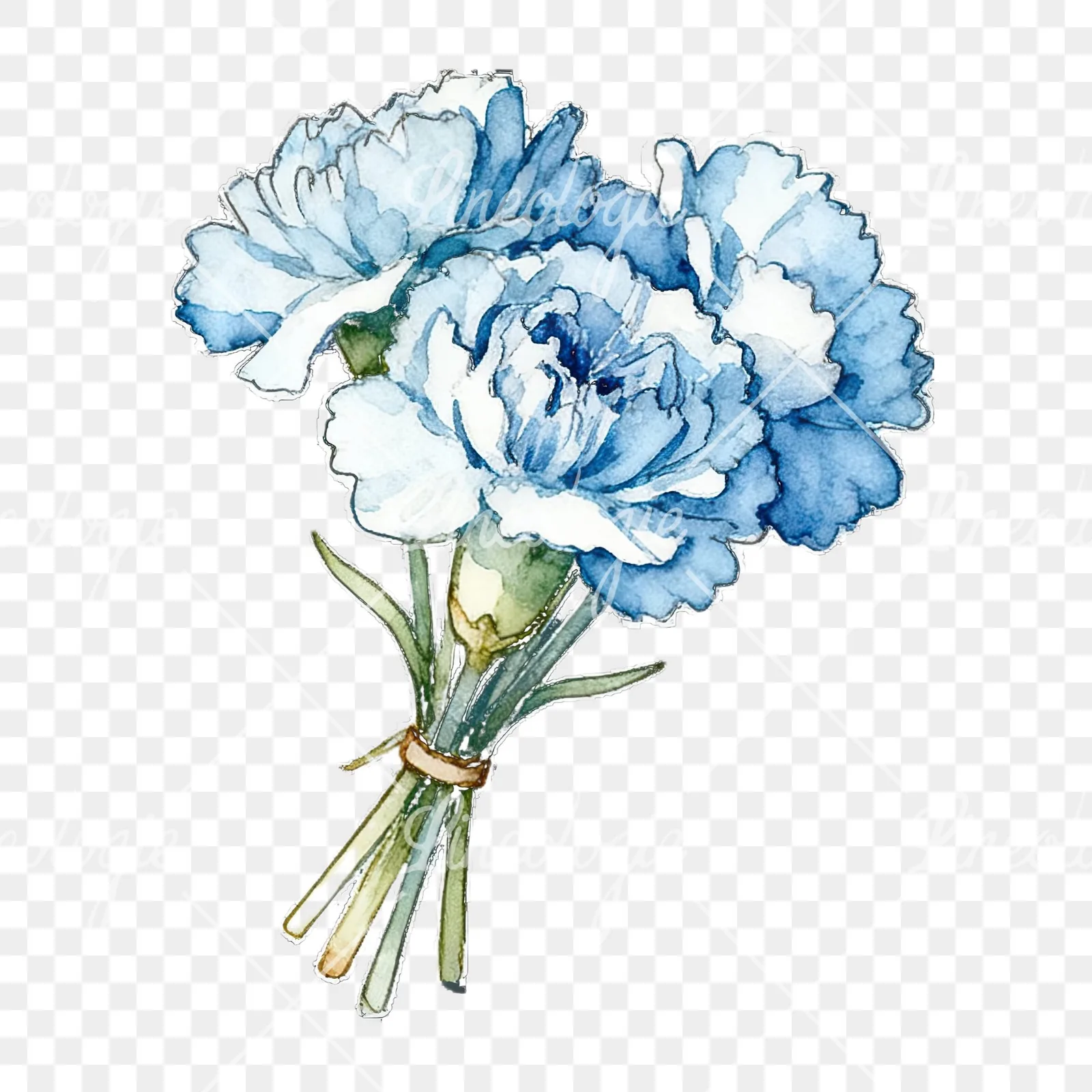 Watercolor baby blue carnation bouquet clipart 9 of 9 on a transparent background (PNG)