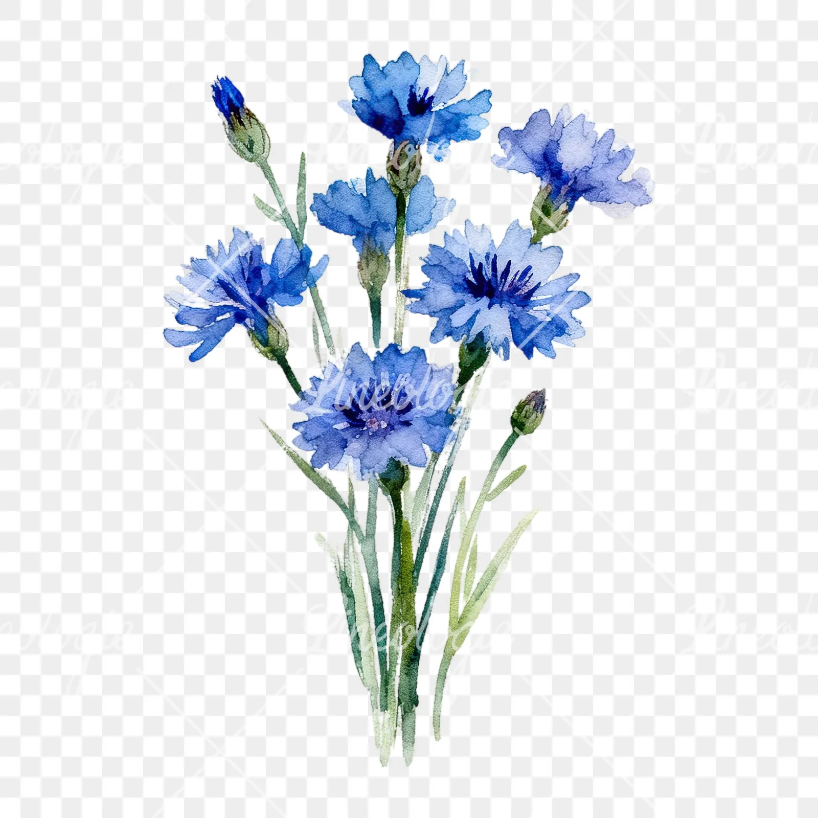 Watercolor slender blue cornflower bouquet clipart 2 of 9 on a transparent background (PNG)