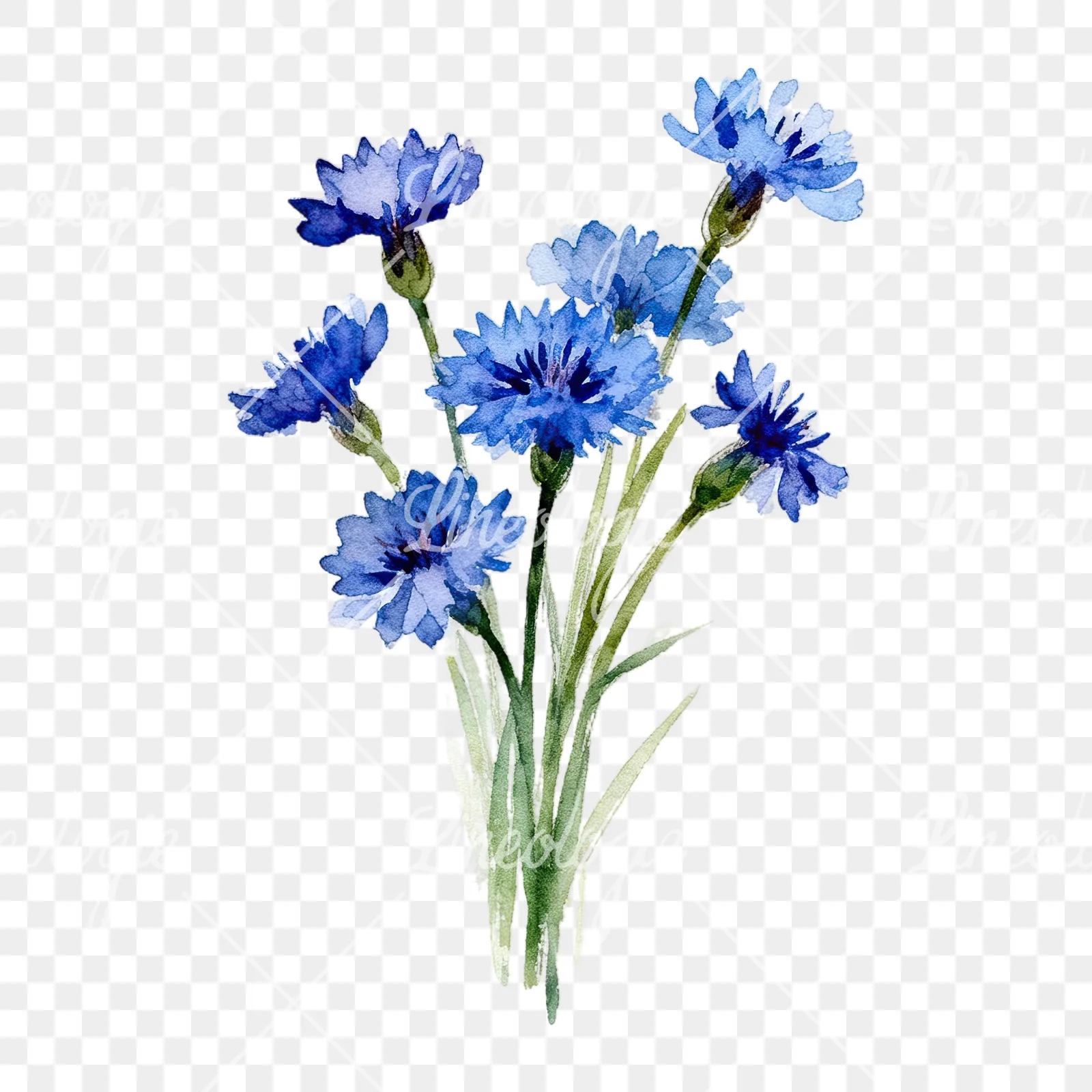 Watercolor slender blue cornflower bouquet clipart 3 of 9 on a transparent background (PNG)