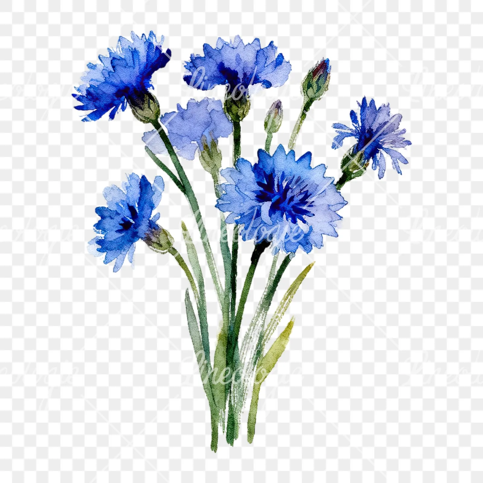Watercolor slender blue cornflower bouquet clipart 4 of 9 on a transparent background (PNG)