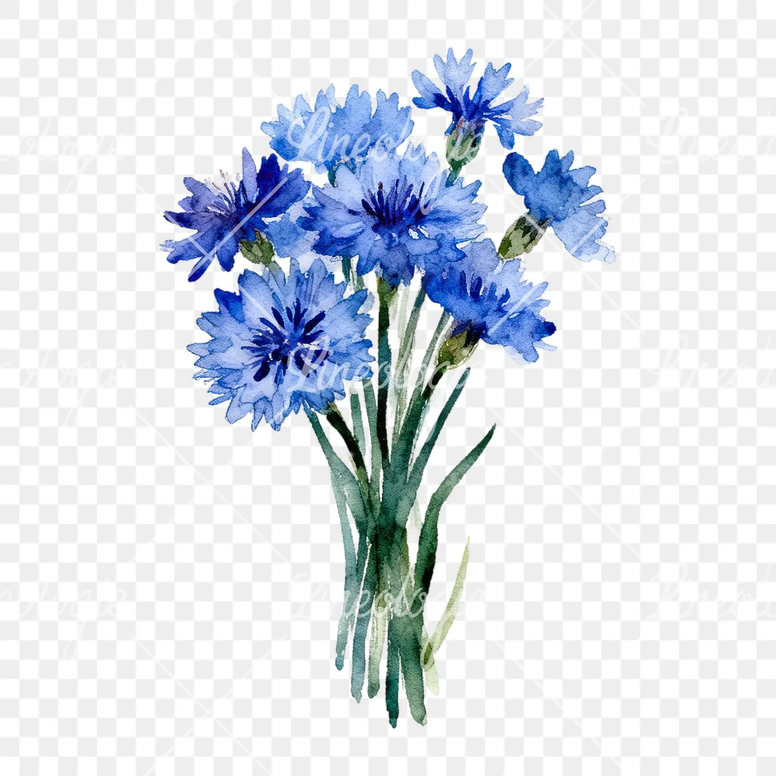 Watercolor slender blue cornflower bouquet clipart 5 of 9 on a transparent background (PNG)
