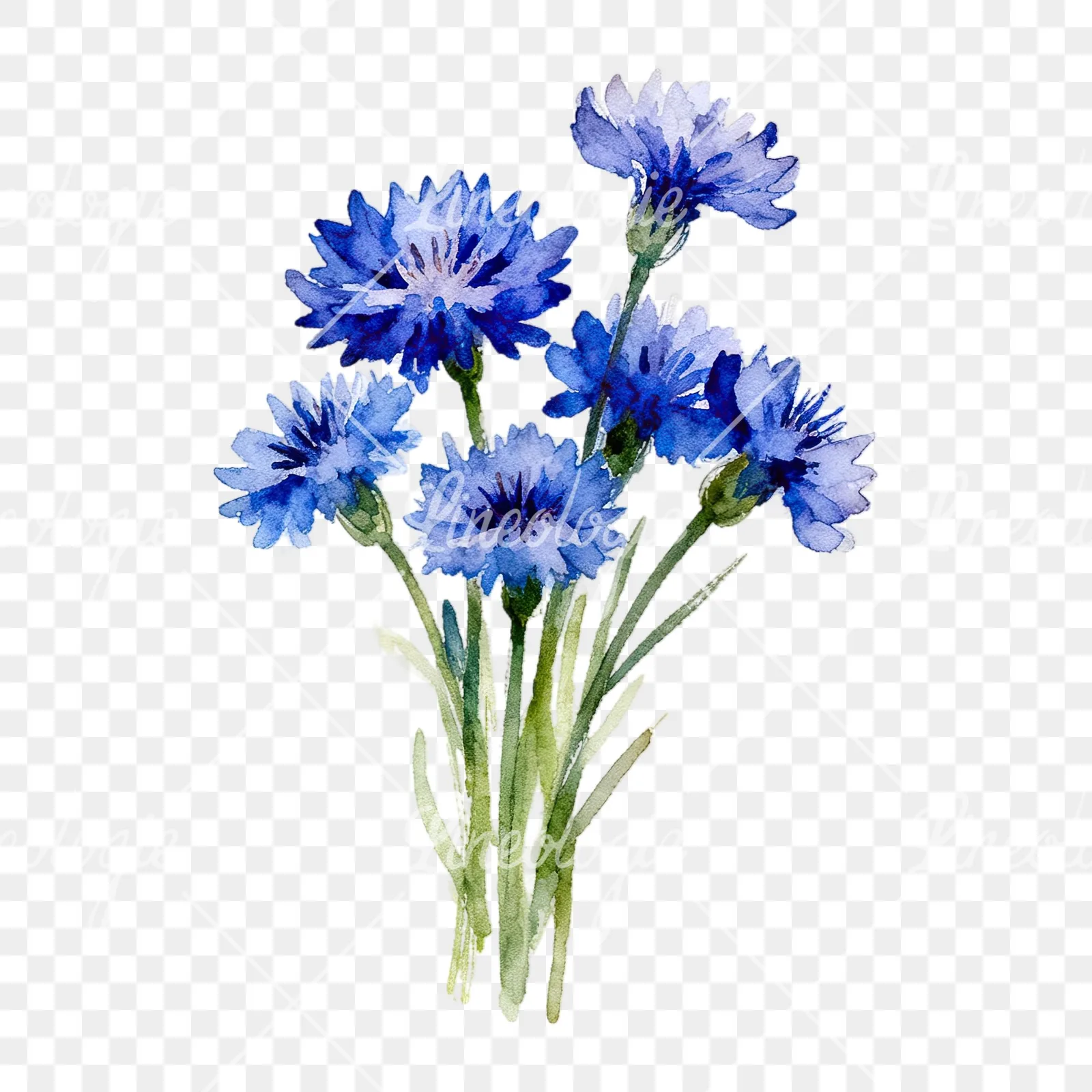 Watercolor slender blue cornflower bouquet clipart 6 of 9 on a transparent background (PNG)