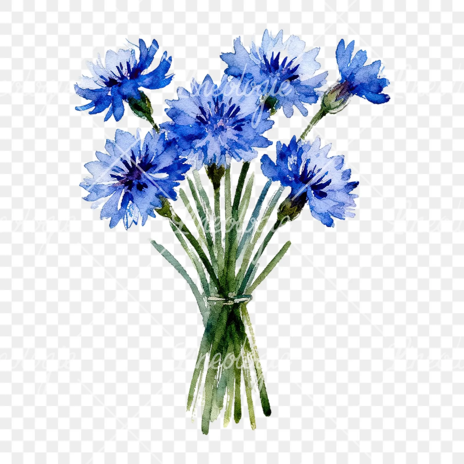 Watercolor slender blue cornflower bouquet clipart 8 of 9 on a transparent background (PNG)