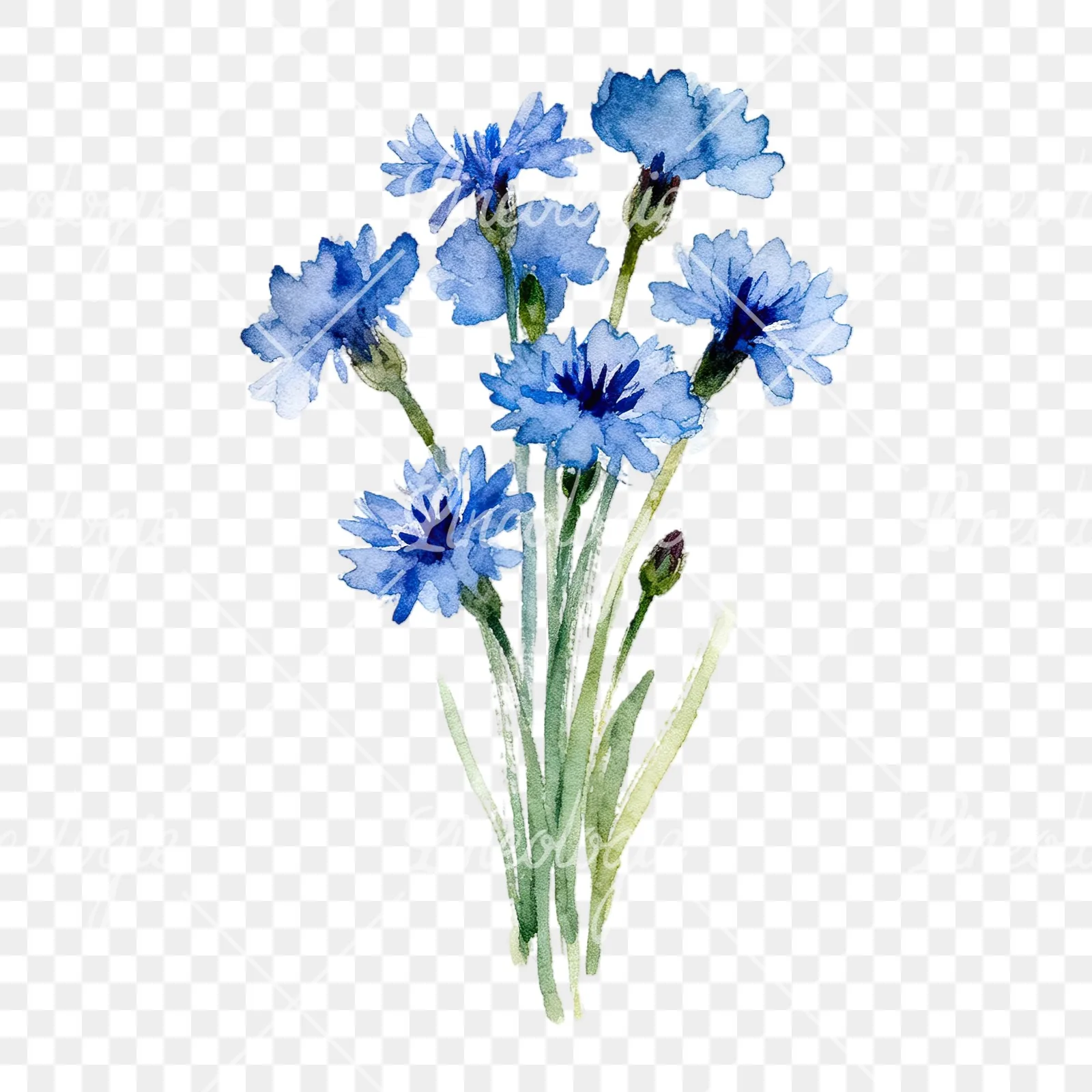 Watercolor slender blue cornflower bouquet clipart 9 of 9 on a transparent background (PNG)