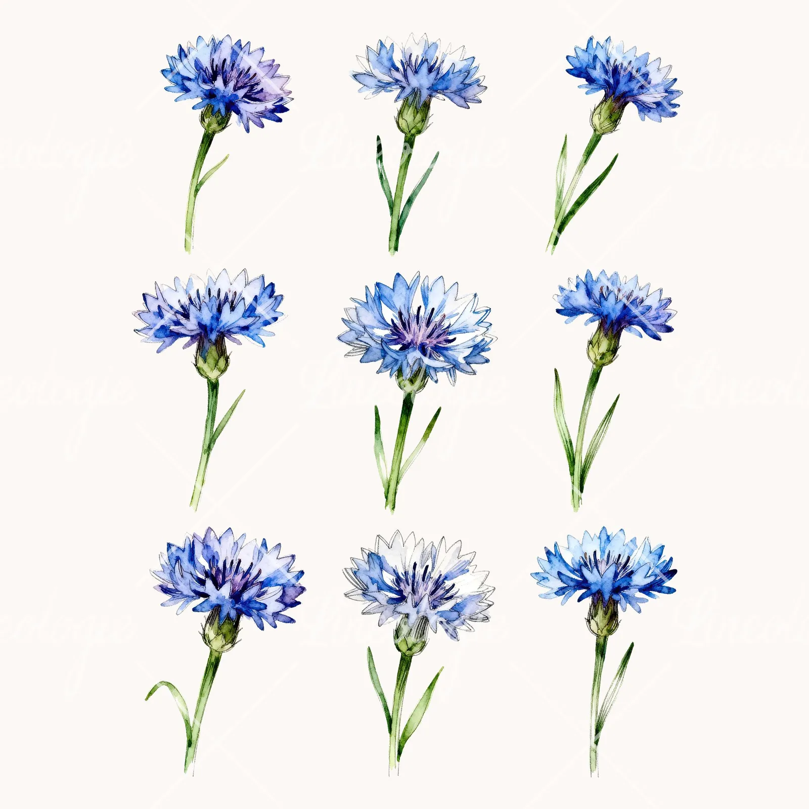 Watercolor Blue Cornflower Clipart, all 9 illustrations in the pack