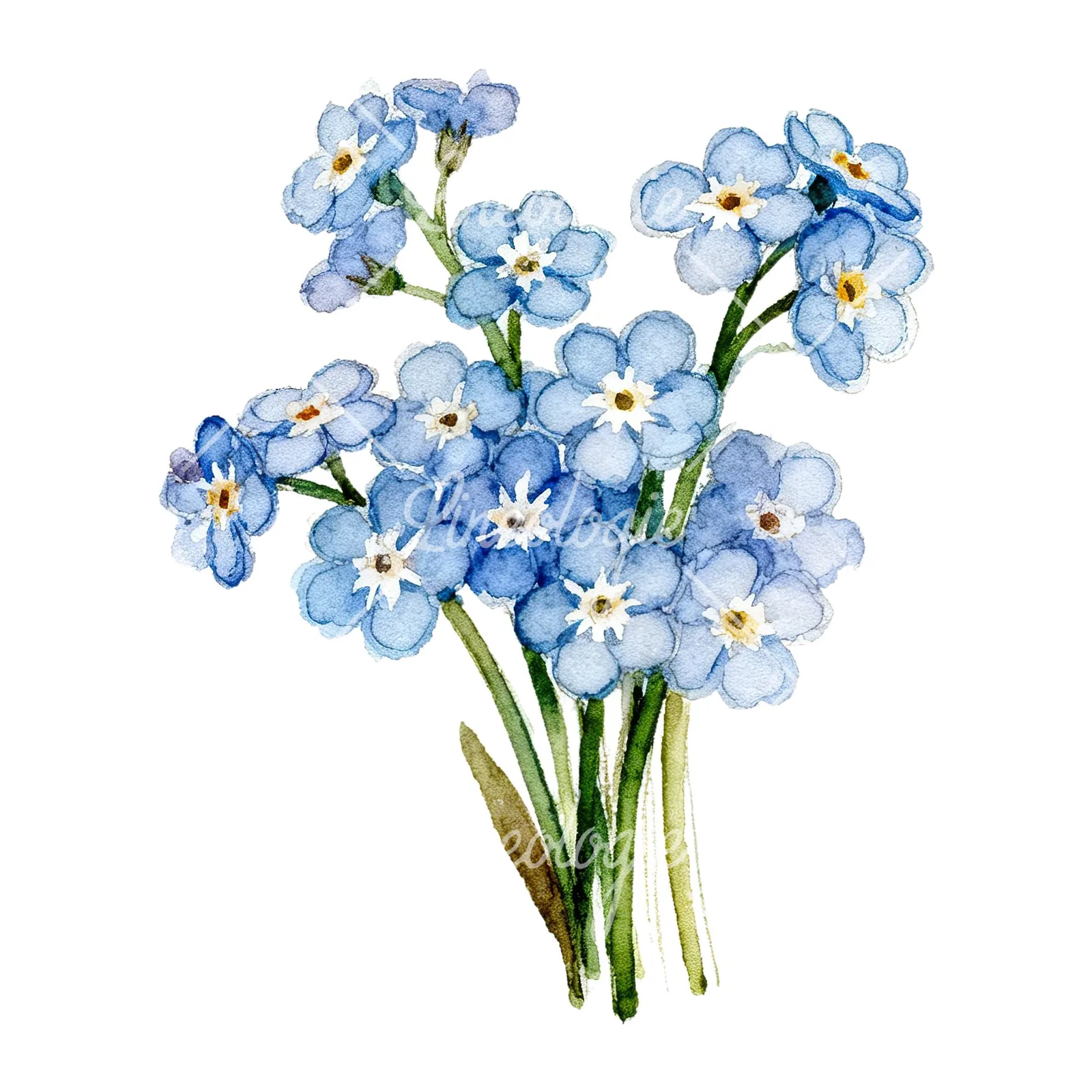 Watercolor blue forget me not flower bouquet clipart 1 of 9 on a white background (JPG)