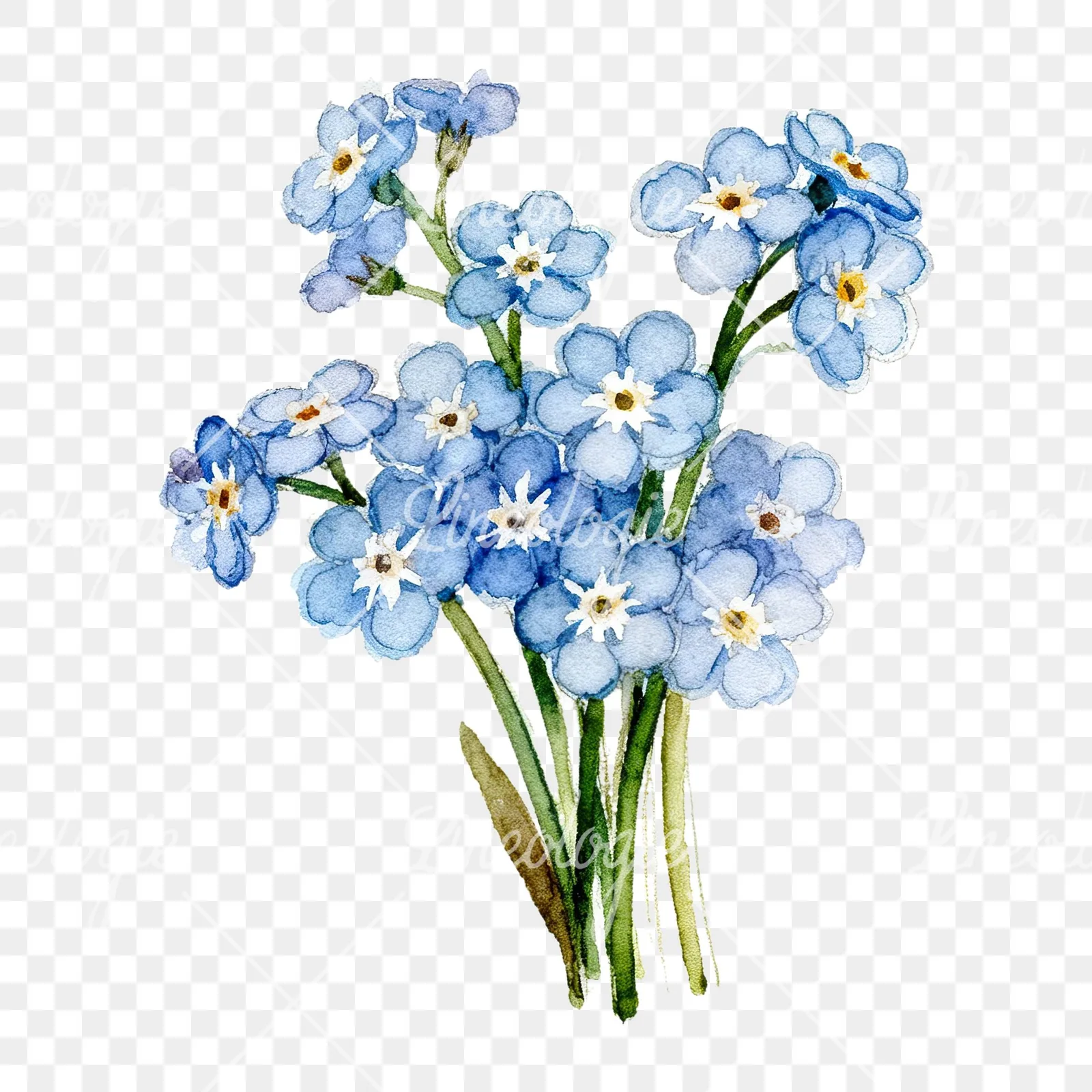 Watercolor blue forget me not flower bouquet clipart 1 of 9 on a transparent background (PNG)