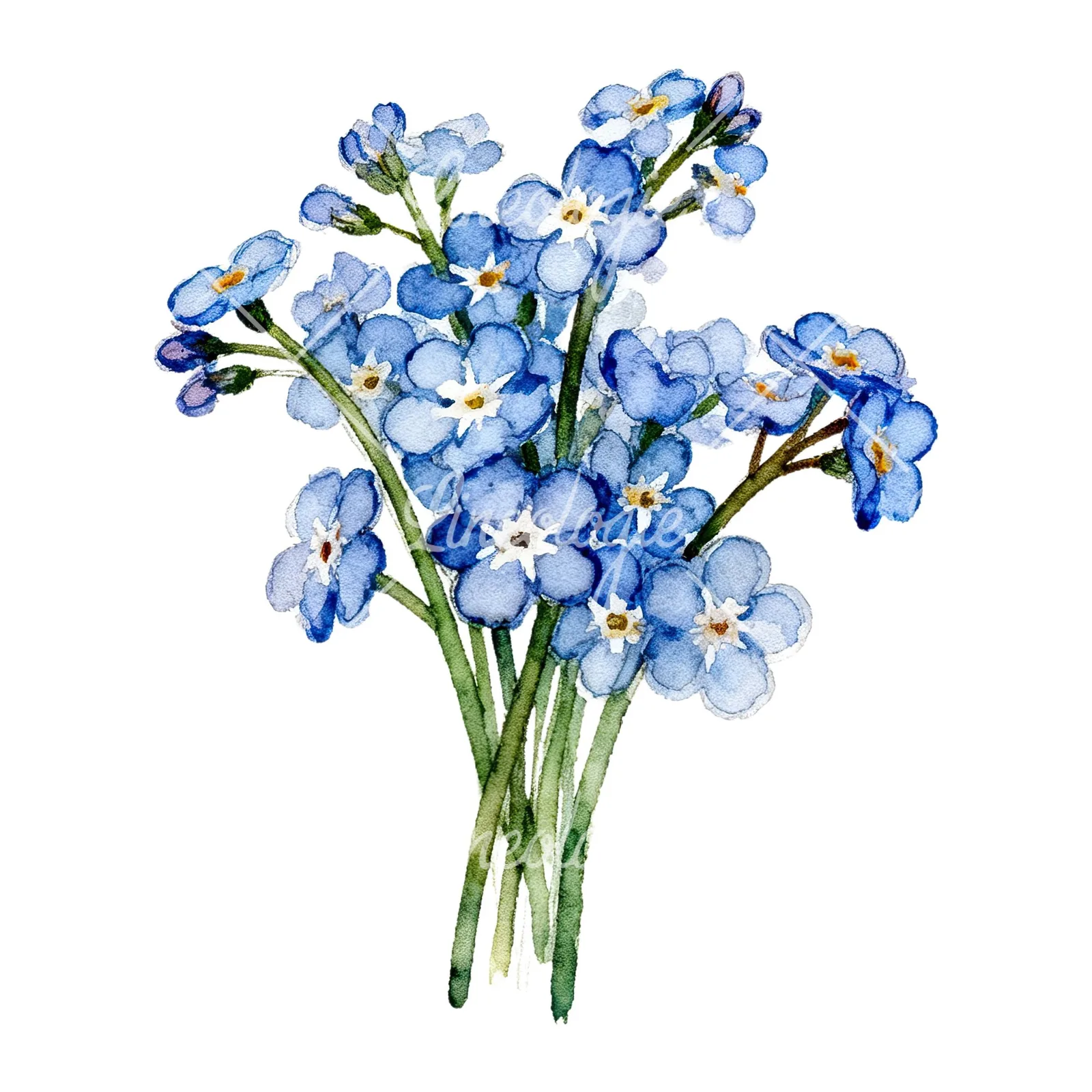 Watercolor blue forget me not flower bouquet clipart 2 of 9 on a white background (JPG)