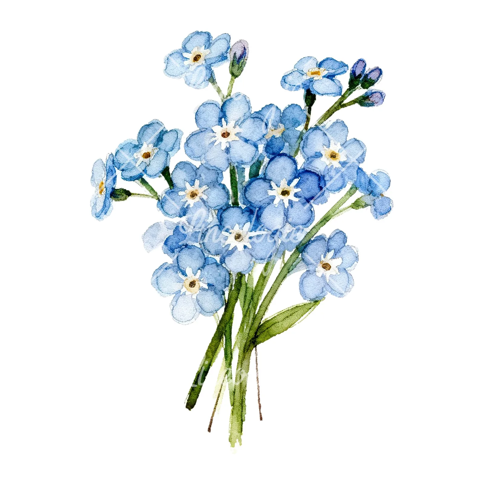 Watercolor blue forget me not flower bouquet clipart 3 of 9 on a white background (JPG)
