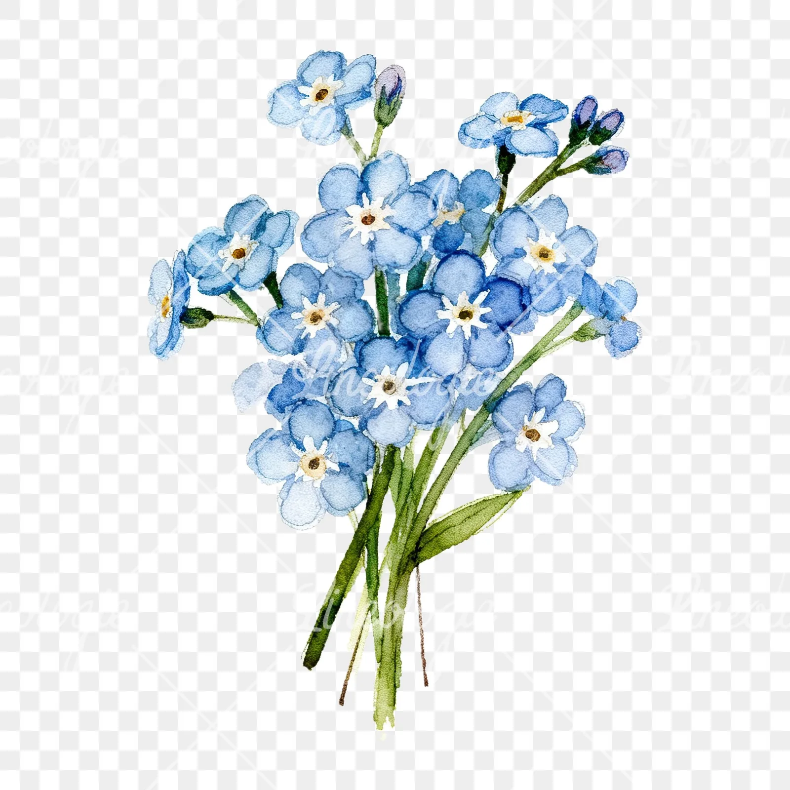 Watercolor blue forget me not flower bouquet clipart 3 of 9 on a transparent background (PNG)