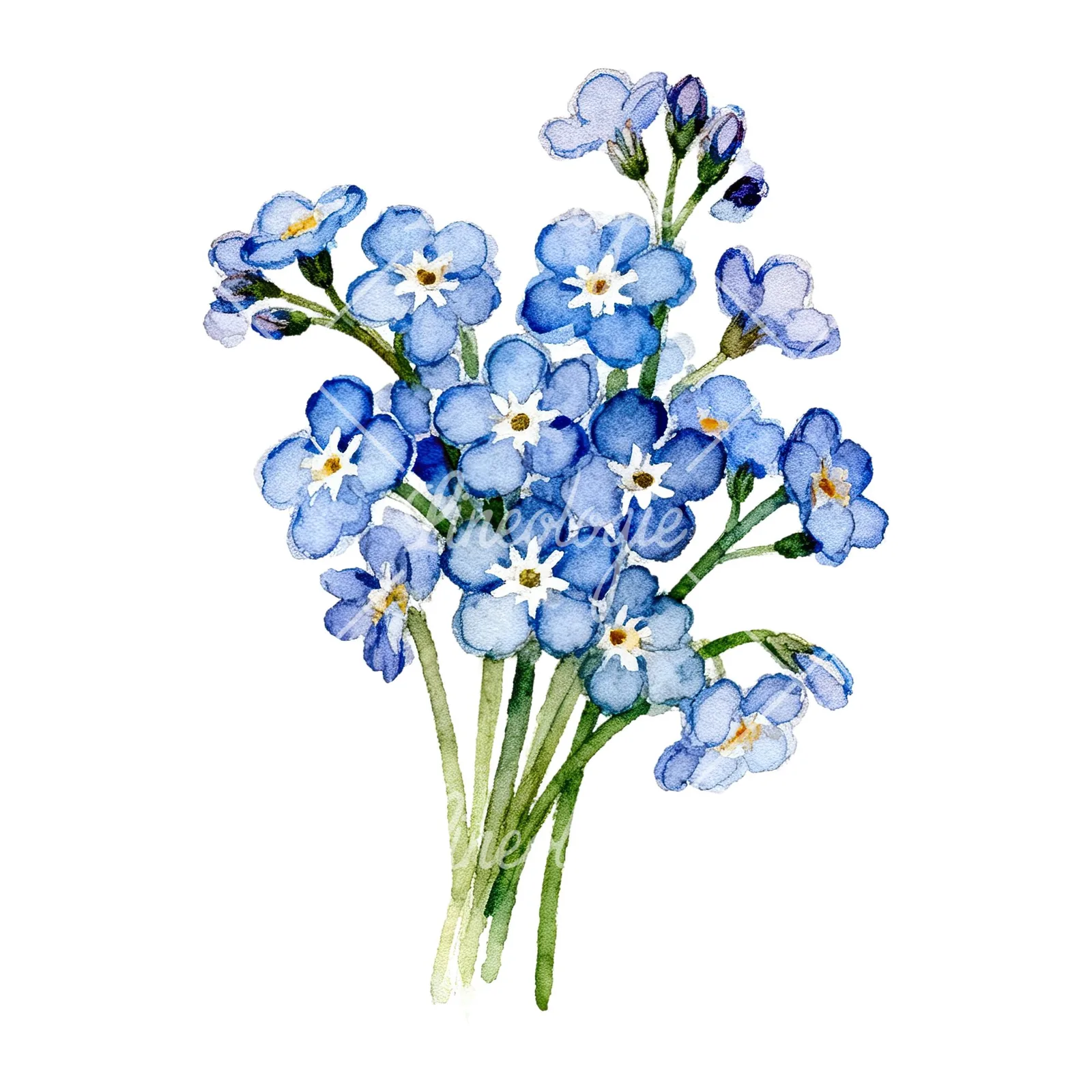 Watercolor blue forget me not flower bouquet clipart 5 of 9 on a white background (JPG)