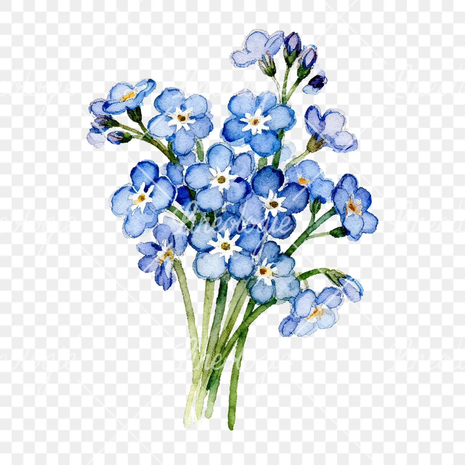 Watercolor blue forget me not flower bouquet clipart 5 of 9 on a transparent background (PNG)