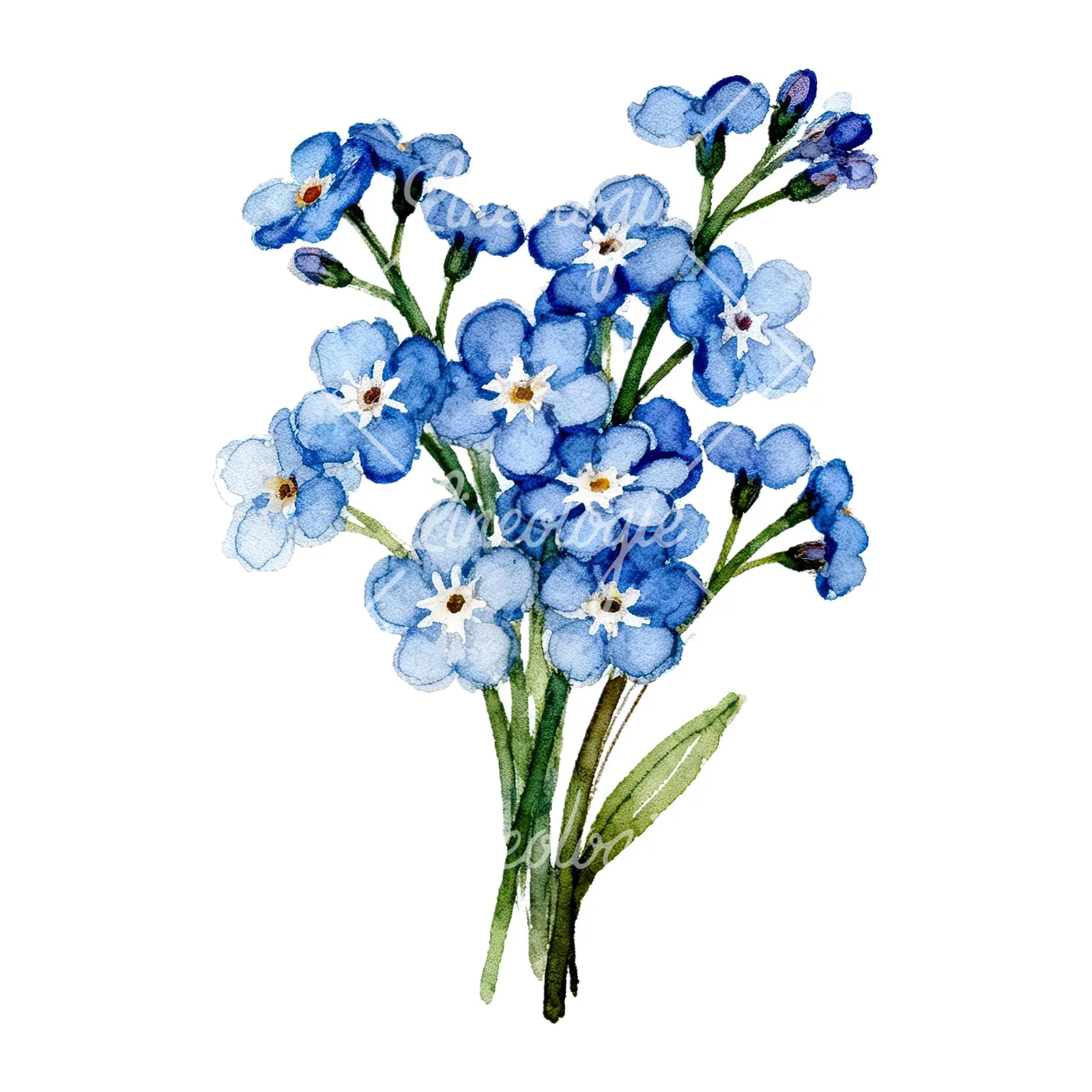 Watercolor blue forget me not flower bouquet clipart 6 of 9 on a white background (JPG)