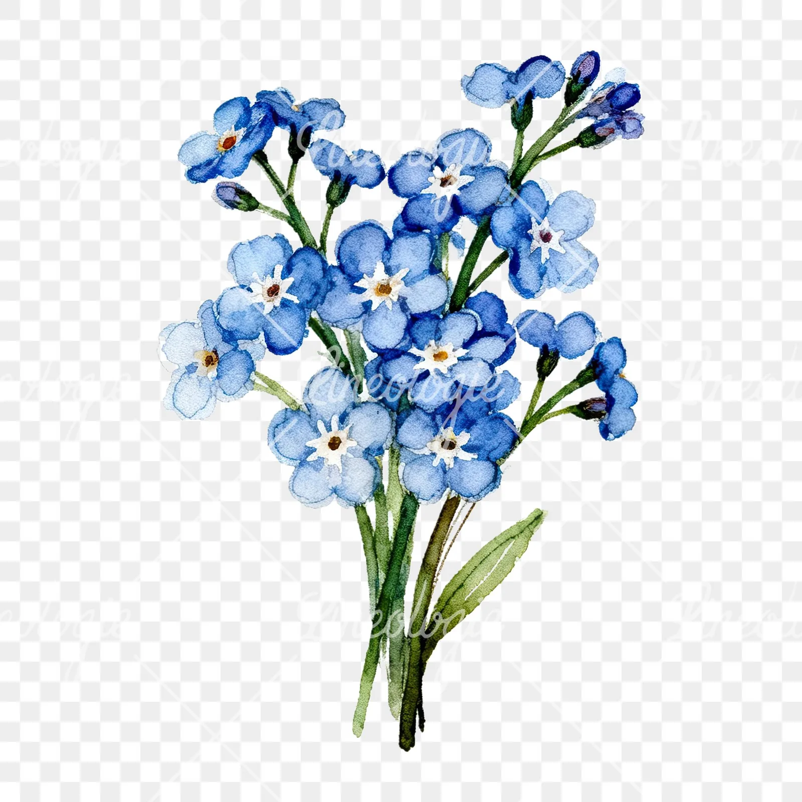 Watercolor blue forget me not flower bouquet clipart 6 of 9 on a transparent background (PNG)