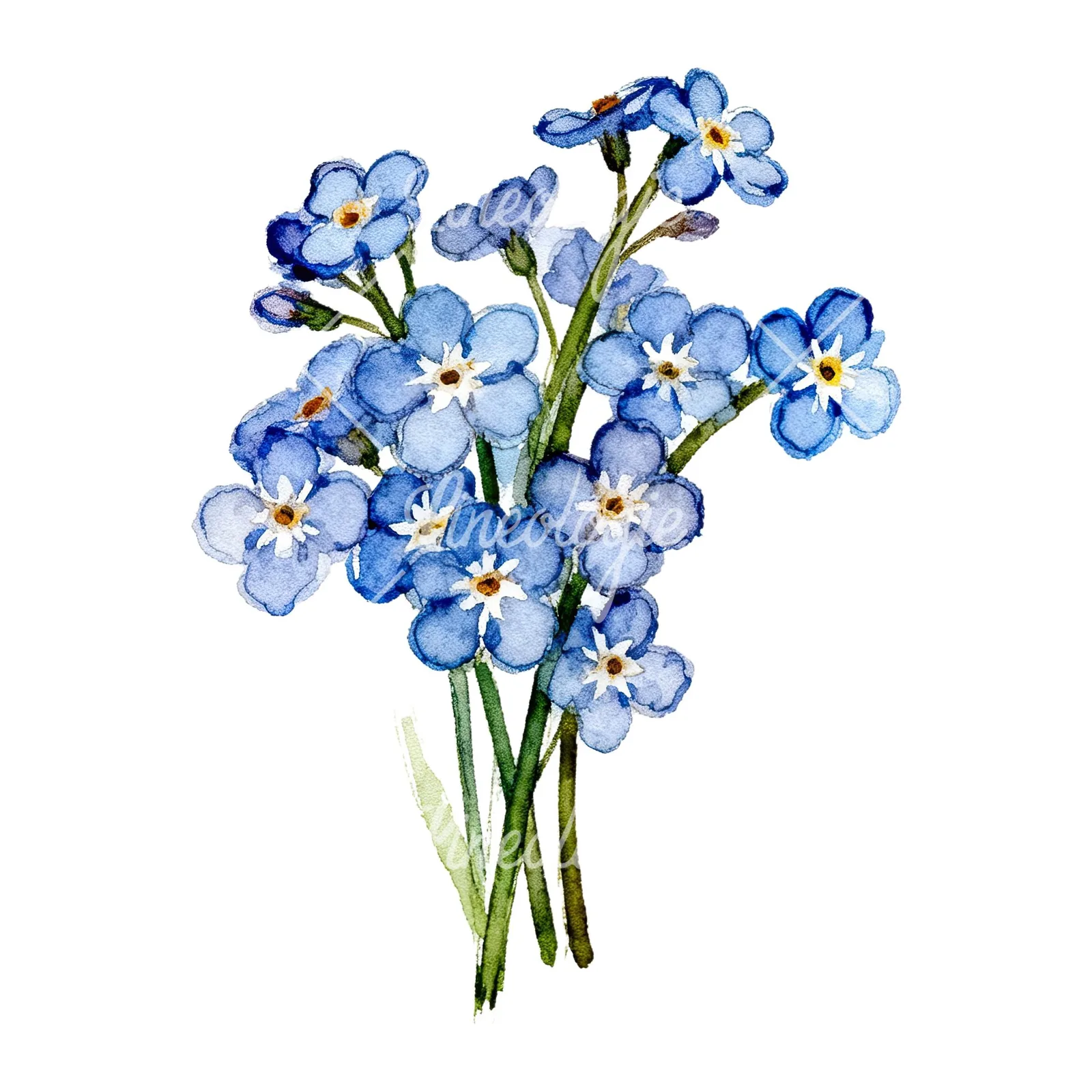 Watercolor blue forget me not flower bouquet clipart 7 of 9 on a white background (JPG)