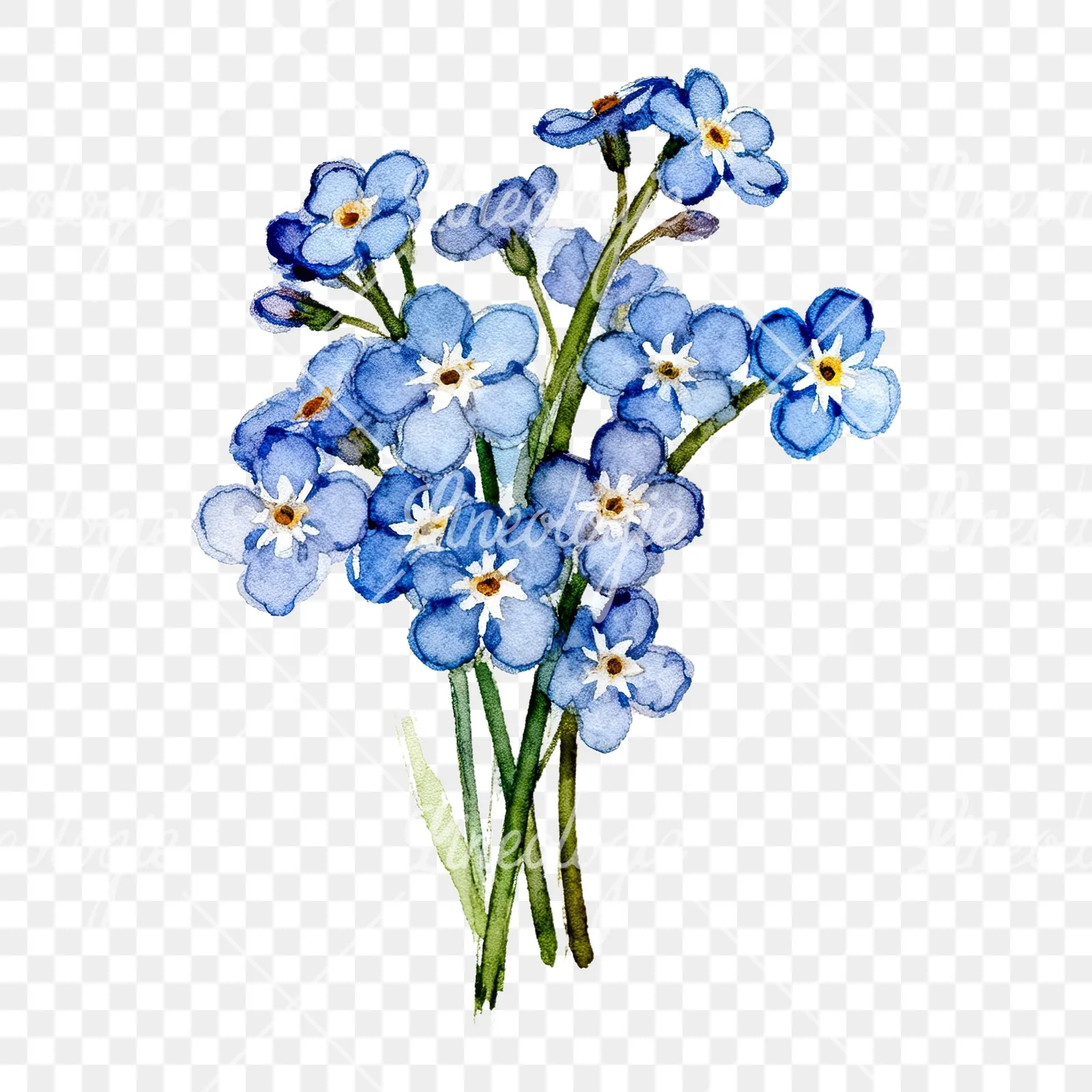 Watercolor blue forget me not flower bouquet clipart 7 of 9 on a transparent background (PNG)