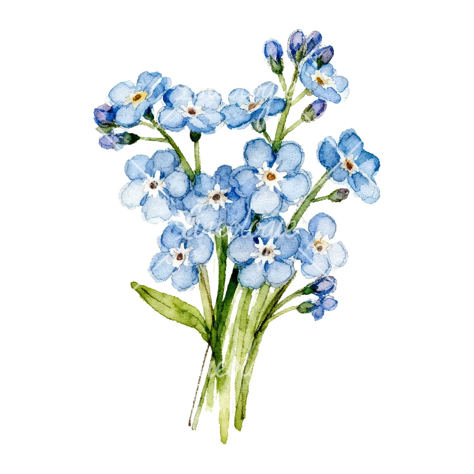 Watercolor blue forget me not flower bouquet clipart 9 of 9 on a white background (JPG)