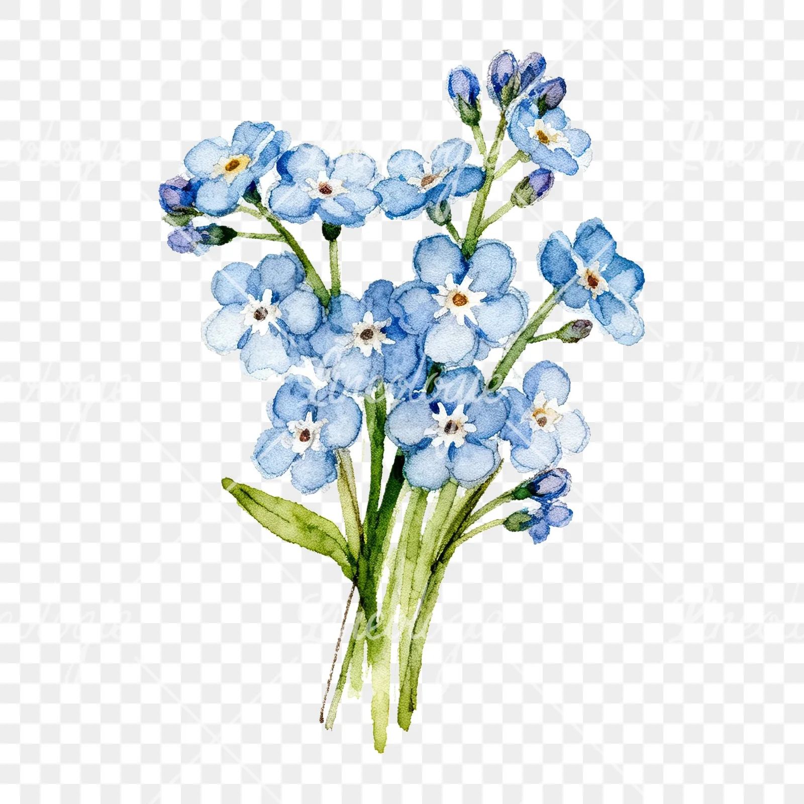 Watercolor blue forget me not flower bouquet clipart 9 of 9 on a transparent background (PNG)