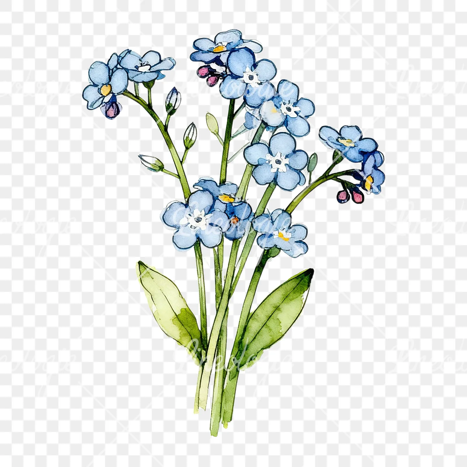 Watercolor blue forget me not bouquet clipart 1 of 9 on a transparent background (PNG)