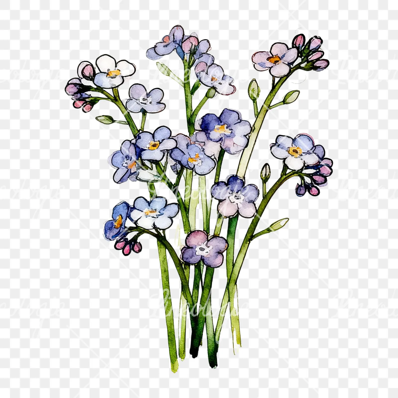 Watercolor blue forget me not bouquet clipart 2 of 9 on a transparent background (PNG)