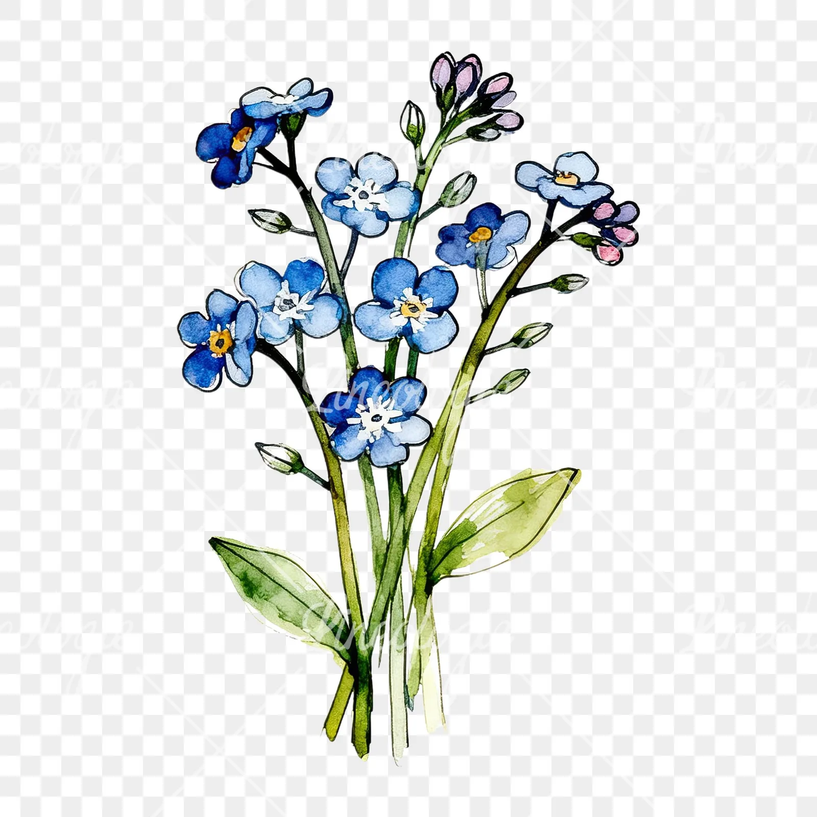 Watercolor blue forget me not bouquet clipart 3 of 9 on a transparent background (PNG)