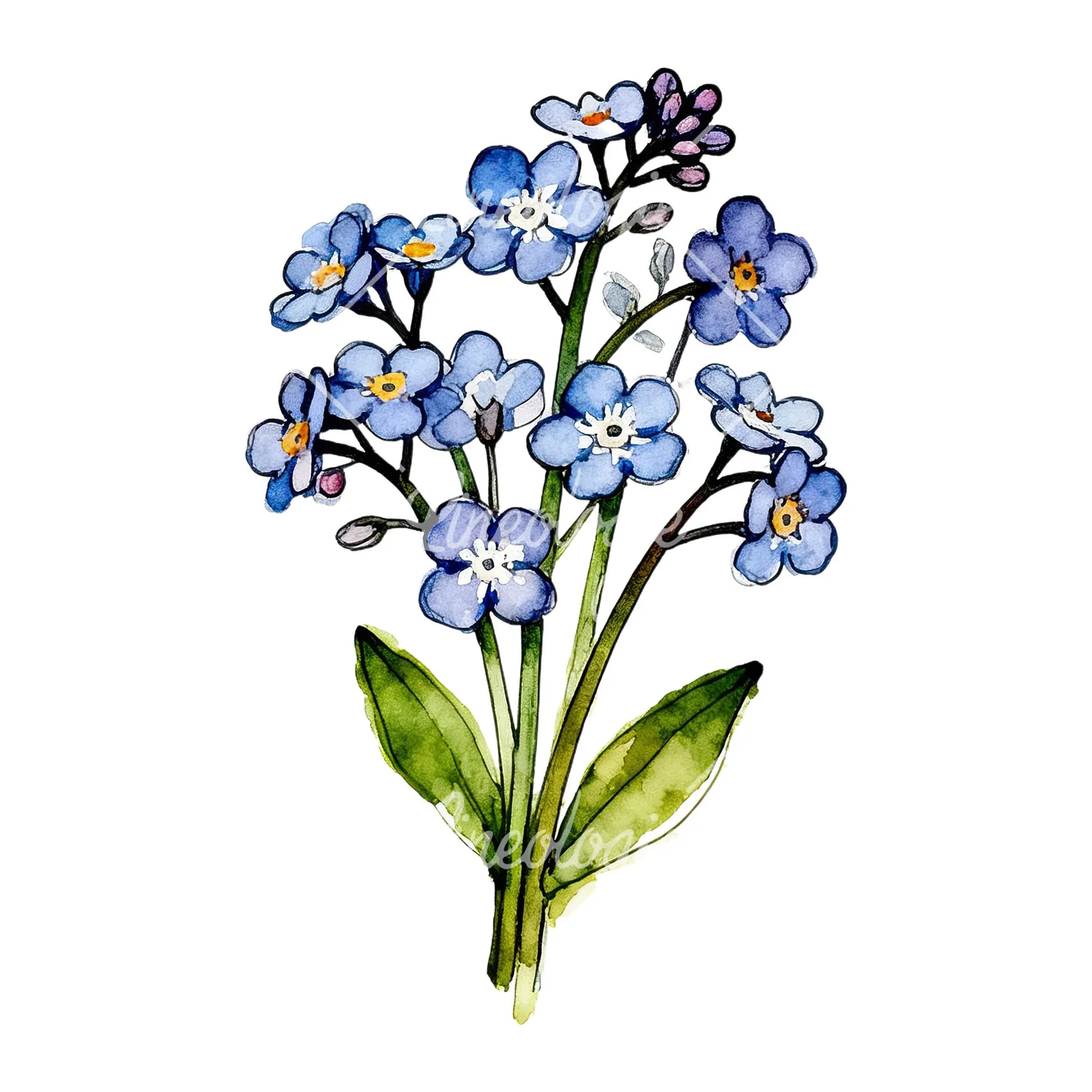 Watercolor blue forget me not bouquet clipart 4 of 9 on a white background (JPG)
